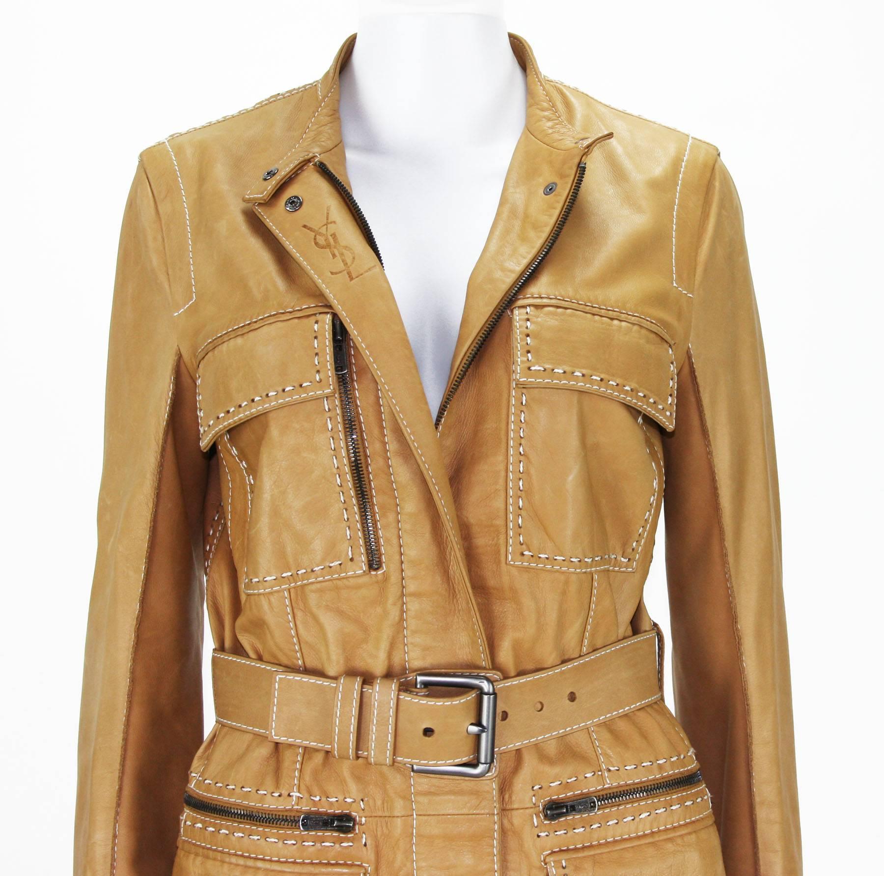 Brown New Tom Ford for Yves Saint Laurent Rive Gauche Leather Safari Camel Coat It.40 For Sale