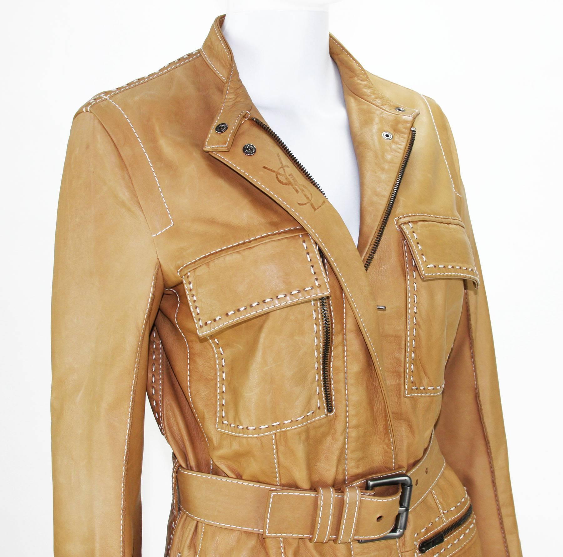 New Tom Ford for Yves Saint Laurent Rive Gauche Leather Safari Camel Coat It.40 In New Condition For Sale In Montgomery, TX