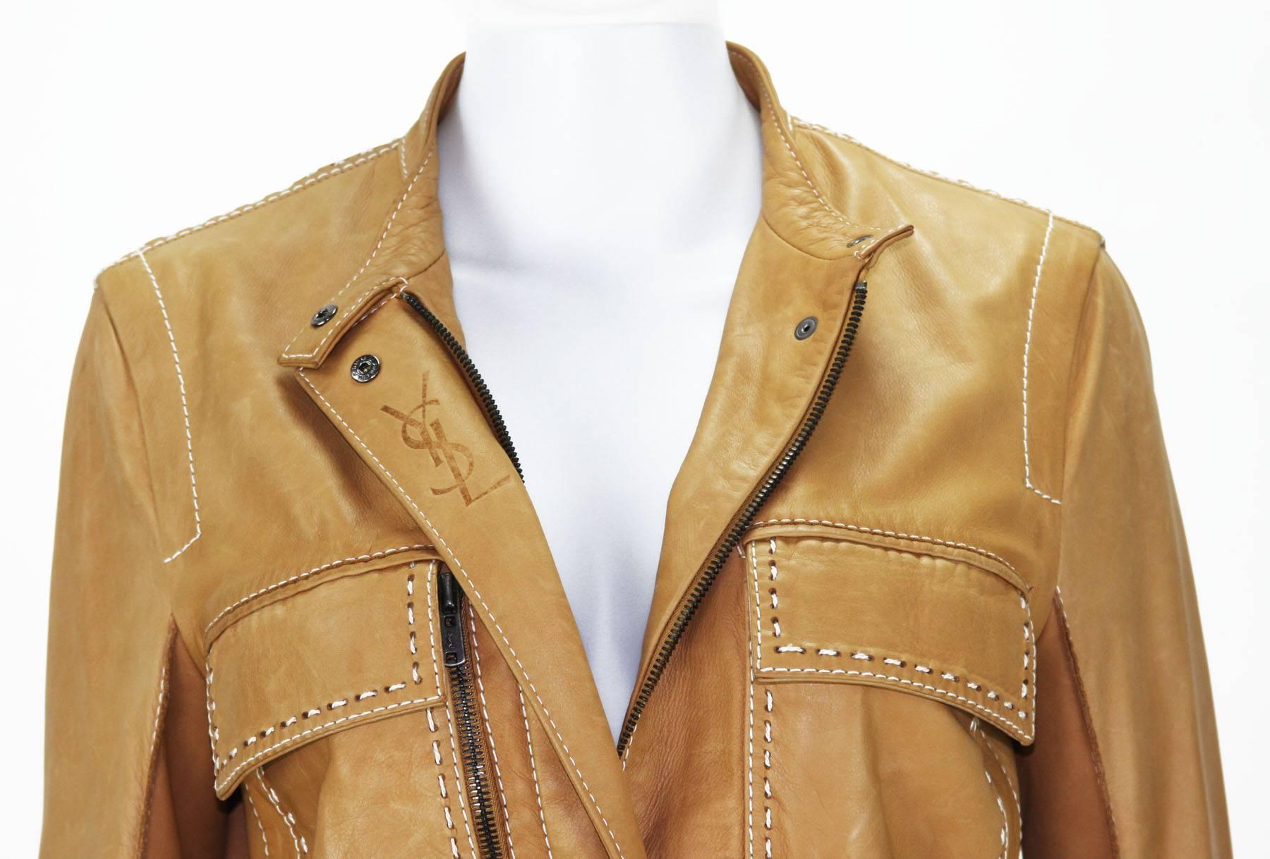 Women's New Tom Ford for Yves Saint Laurent Rive Gauche Leather Safari Camel Coat It.40 For Sale