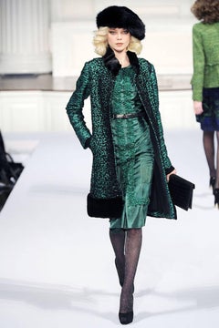 New Oscar de la Renta F/W 2010 Mink Trim Boucle Beaded Emerald Green Coat US 8