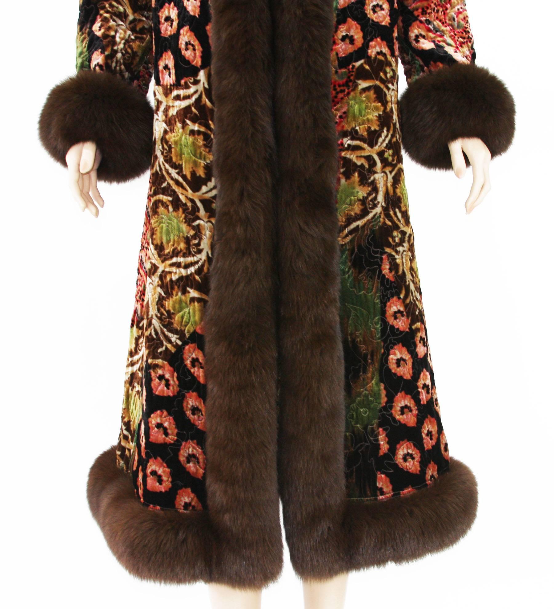 Women's Oscar De La Renta F/W 2002 Velvet Reversible Long Coat Sable Trim + Dress sz. 6