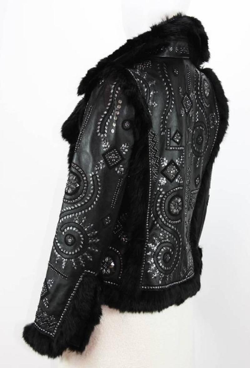 OSCAR DE LA RENTA Embellished Leather Jacket with FOX FUR US 6 In Excellent Condition In Montgomery, TX