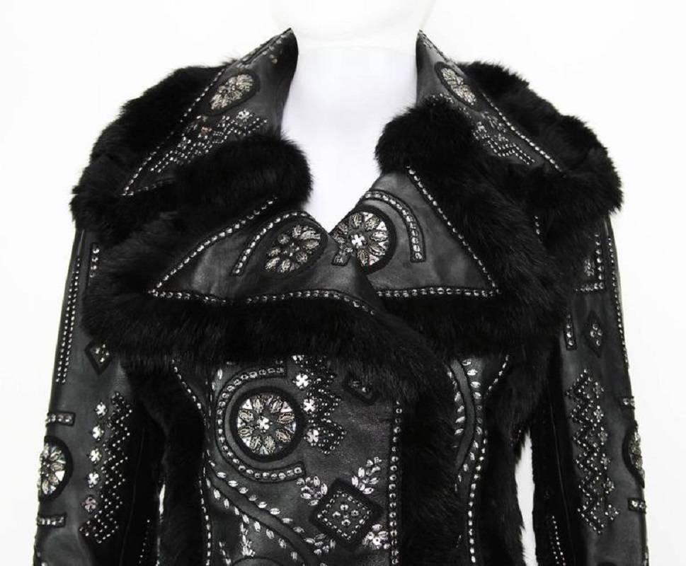 OSCAR DE LA RENTA Embellished Leather Jacket with FOX FUR US 6 1