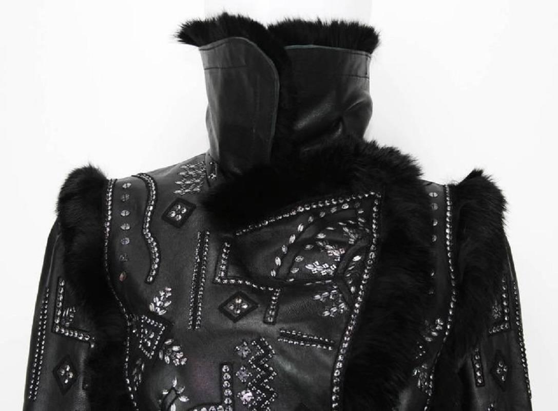 OSCAR DE LA RENTA Embellished Leather Jacket with FOX FUR US 6 2