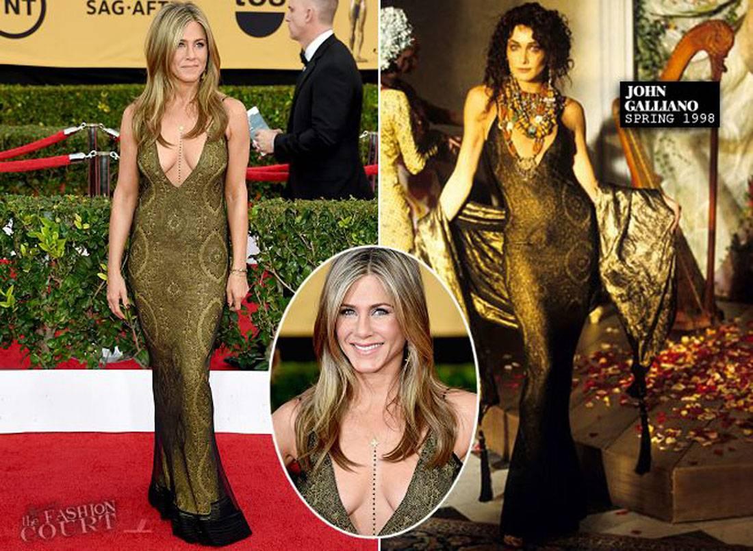 John Galliano S/S 1998 see on Jennifer Aniston SAG Awards Lace Overlay Dress 
Vintage John Galliano Mesh Overlay Maxi Dress
S/S 1998 Collection
Jennifer Aniston stole the show with her cleavage-baring gown on SAG awards to wearing vintage Galliano