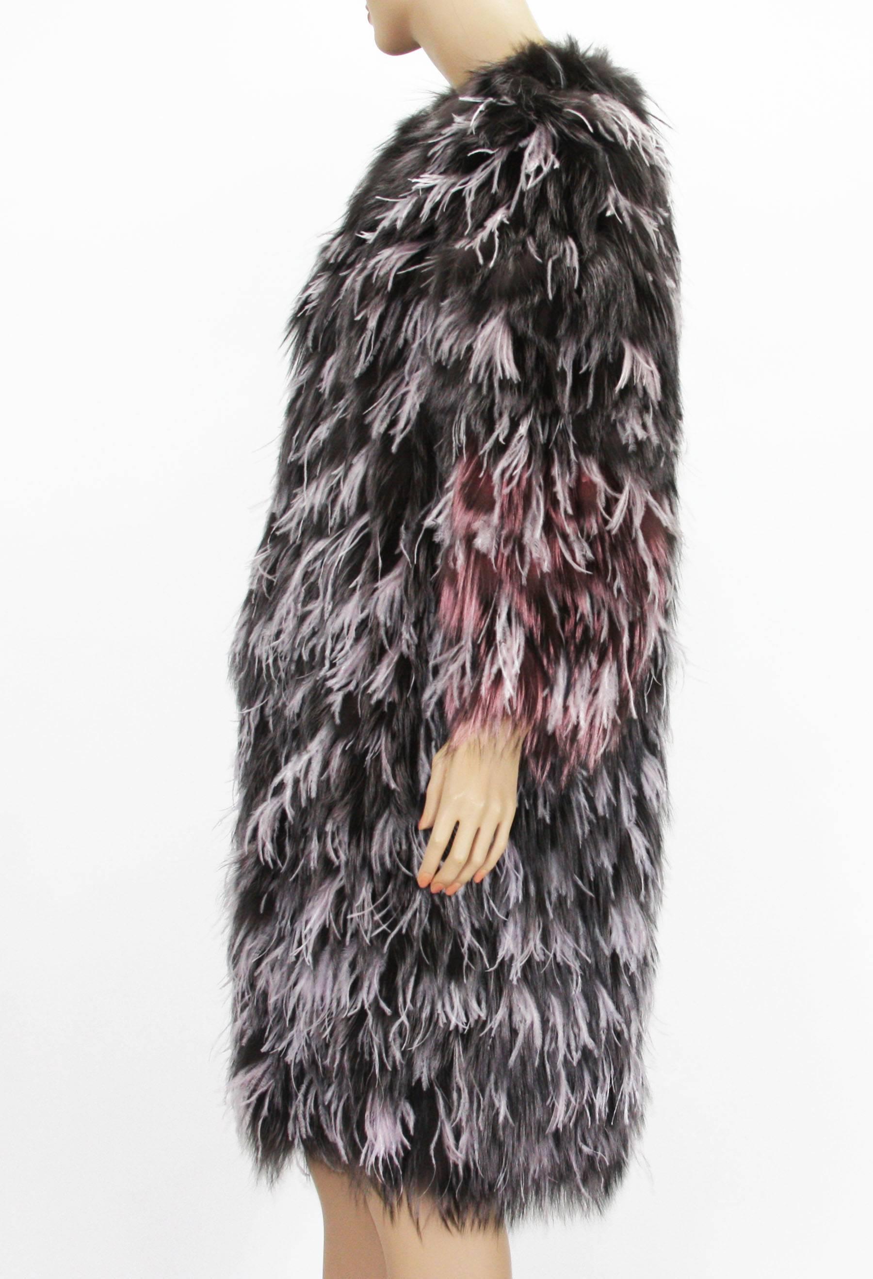 Black Exotic Oscar de la Renta Ostrich Feathers and Fox Fur Evening Coat Jacket For Sale