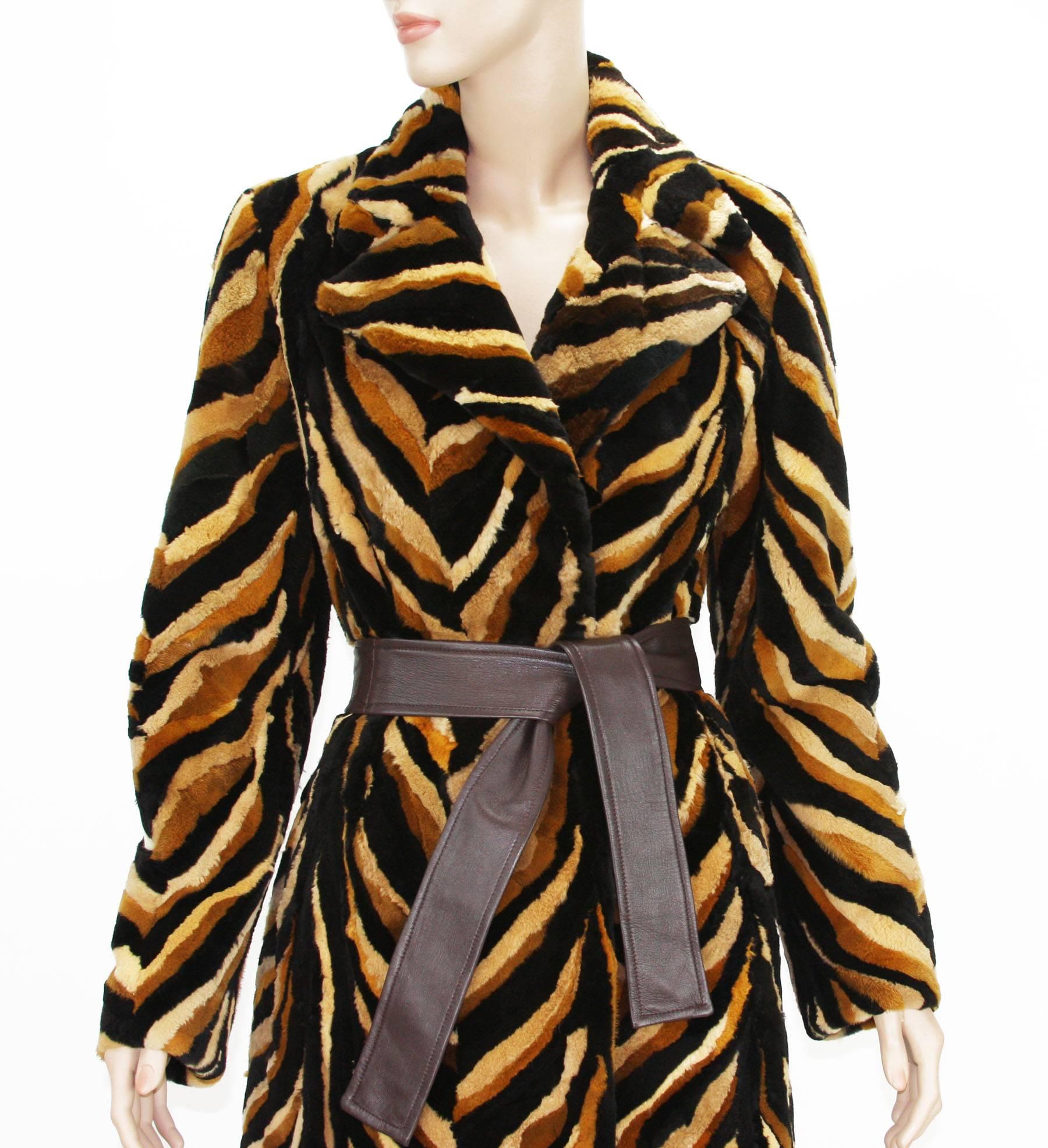 Vintage Gianni Versace Couture Mink Chevron Pattern Belted Coat It. 42 For Sale 1