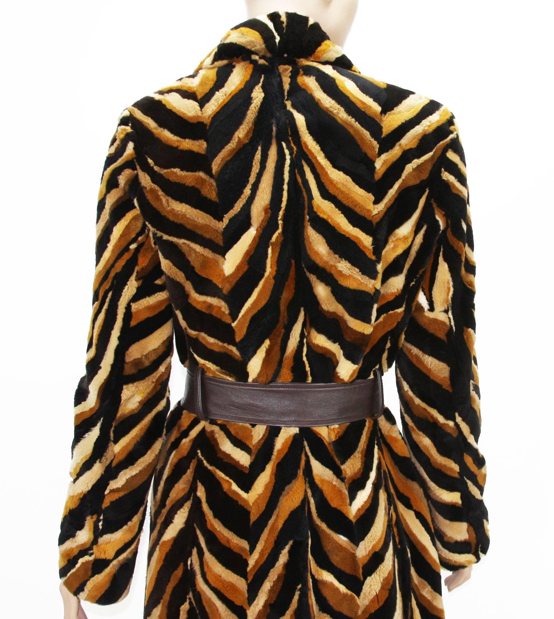 Vintage Gianni Versace Couture Mink Chevron Pattern Belted Coat It. 42 For Sale 3