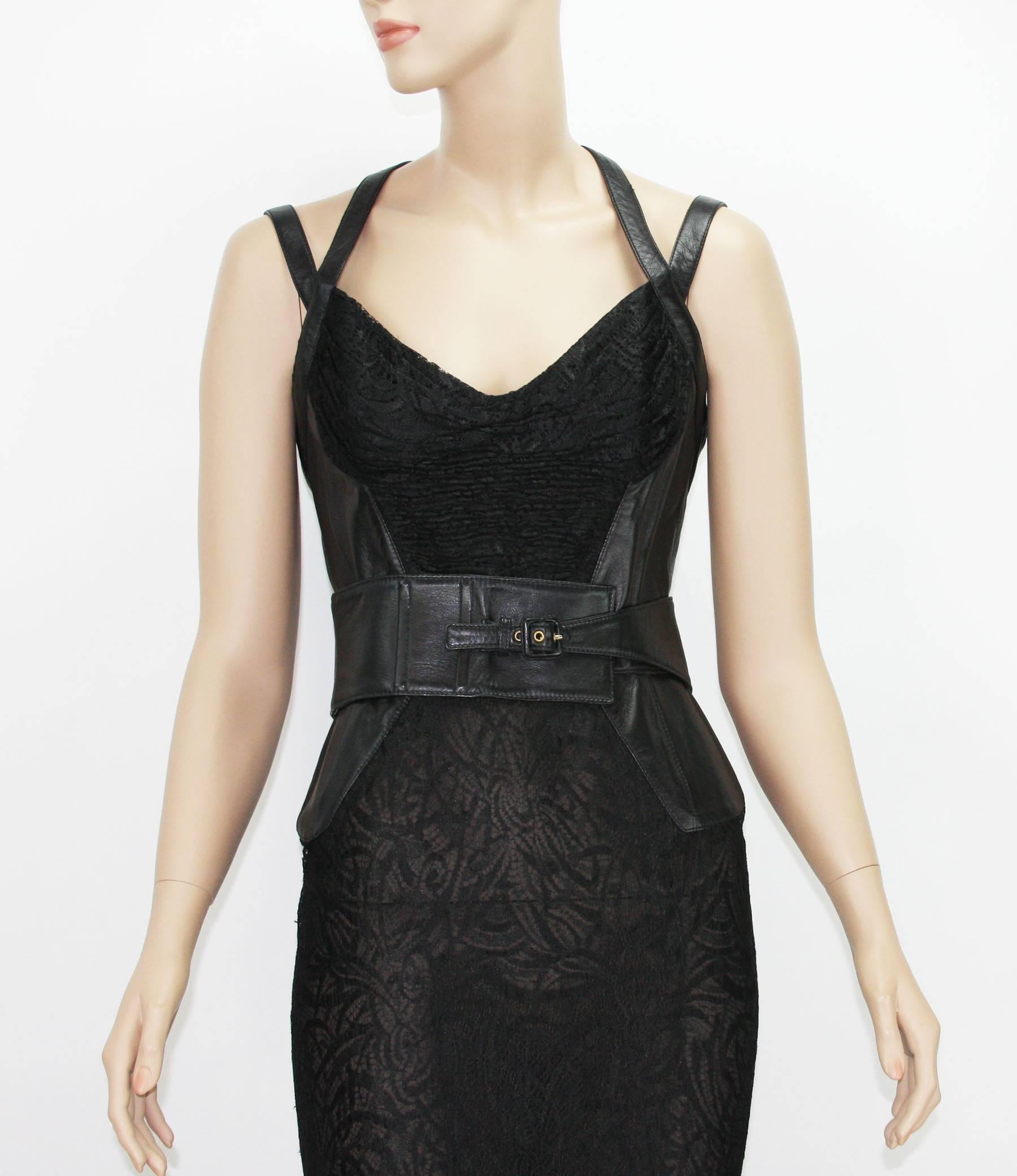 New Gianni Versace Couture F/W 2001 Leather Lace Black Bandage Buckled Gown In New Condition For Sale In Montgomery, TX