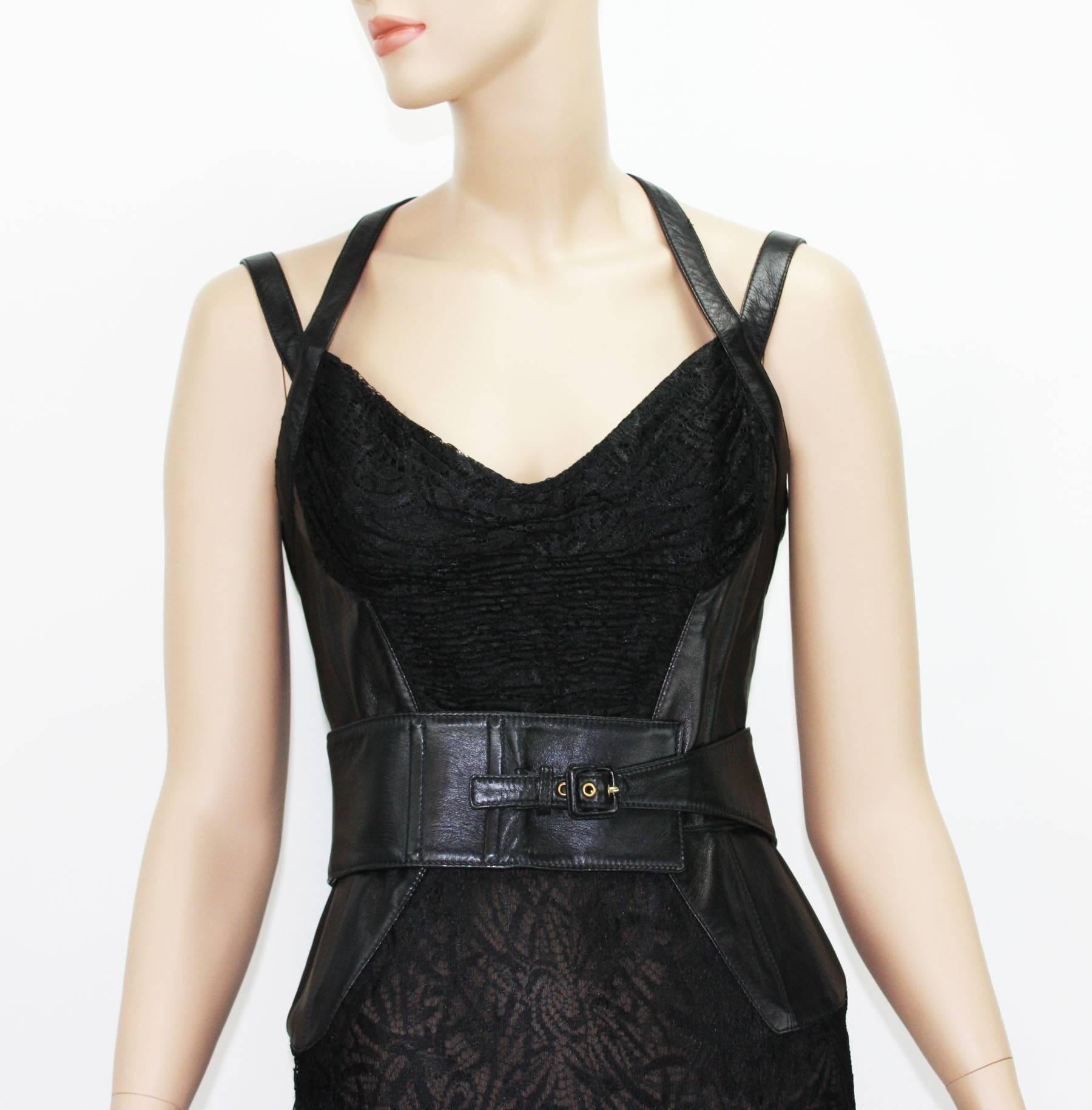 Women's New Gianni Versace Couture F/W 2001 Leather Sheer Lace Black Bandage Gown It. 44 For Sale