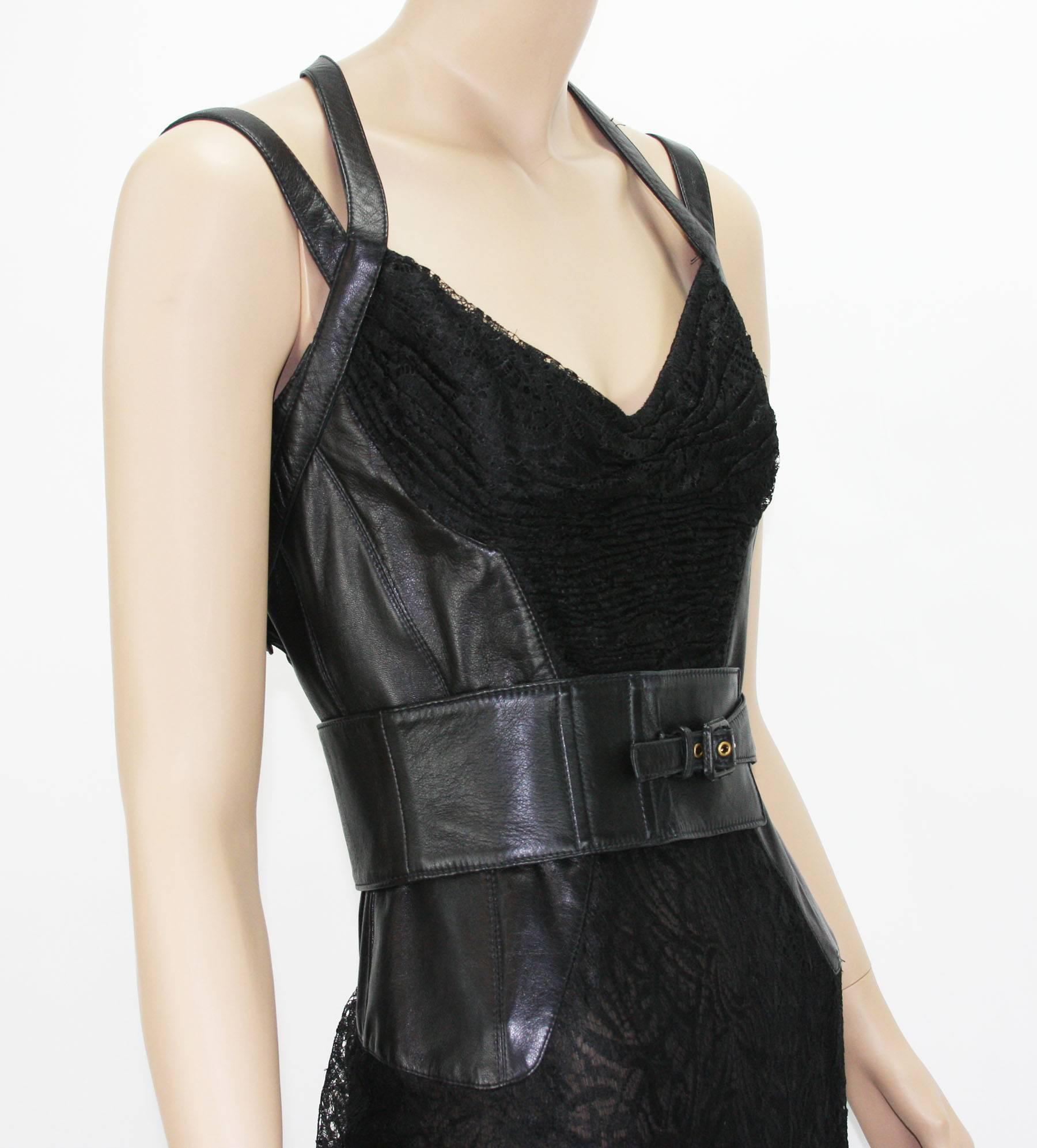 New Gianni Versace Couture F/W 2001 Leather Sheer Lace Black Bandage Gown It. 44 For Sale 1