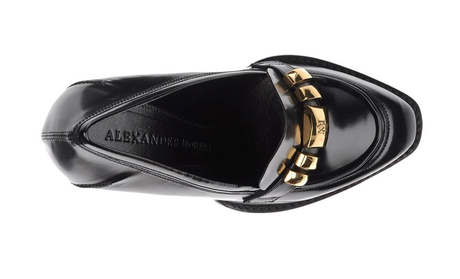 New Alexander McQueen Black Brushed Leather Pumps Gold Logo 36 38.5 39 40  1