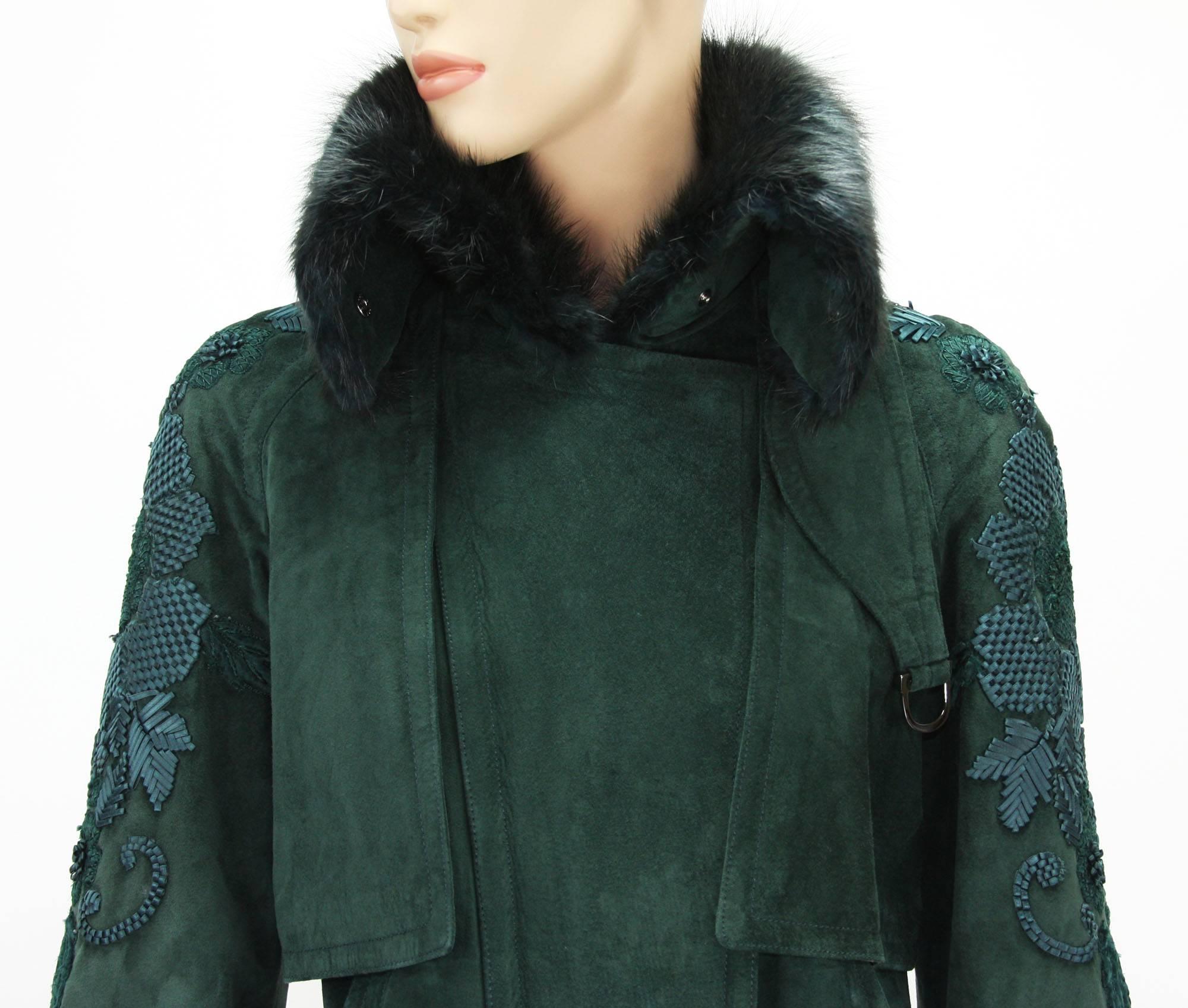 Black Tom Ford for Gucci Forest Green Suede Embroidered Fur Collar Coat It 42 US 6 For Sale