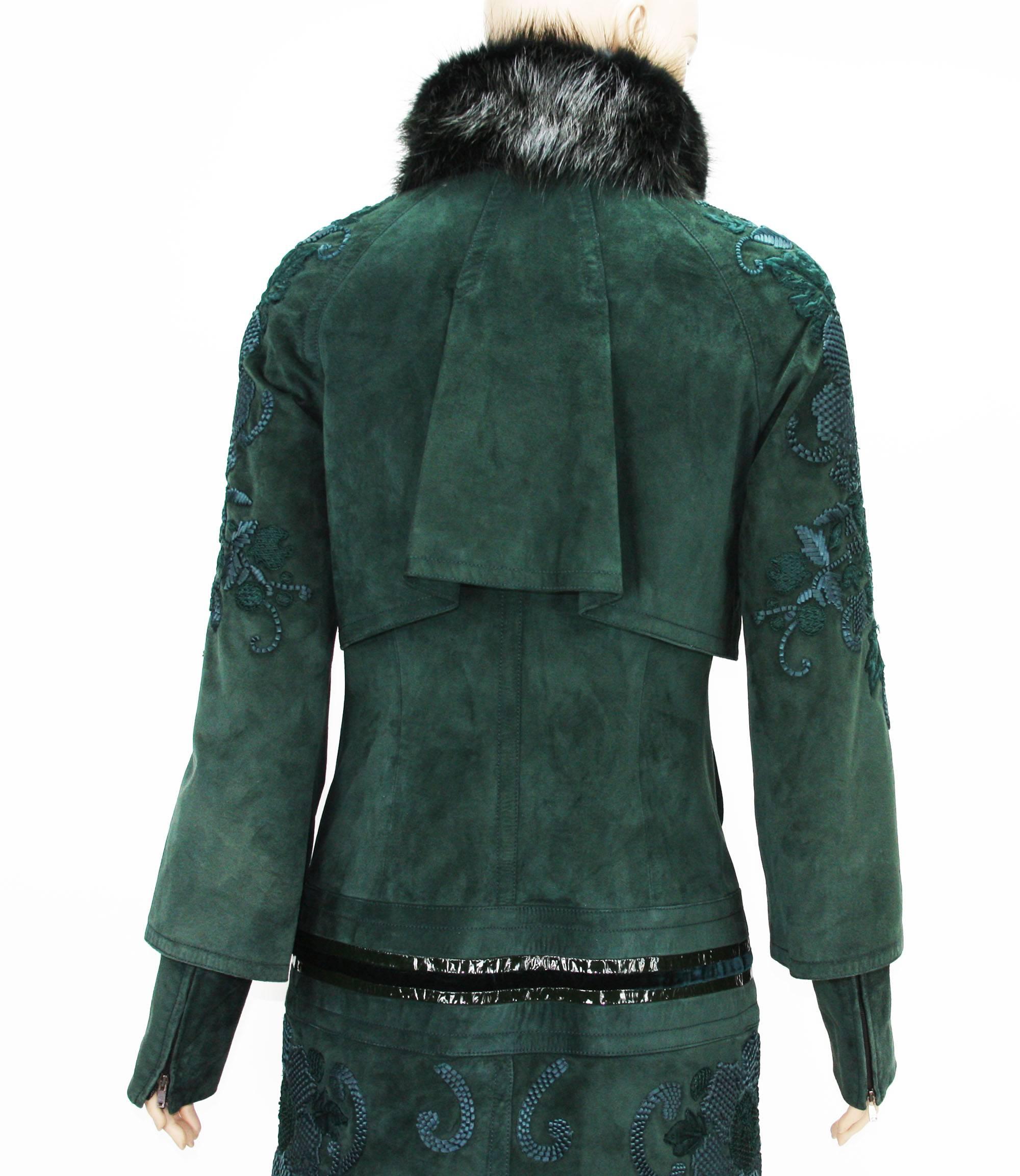 Women's Tom Ford for Gucci Forest Green Suede Embroidered Fur Collar Coat It 42 US 6