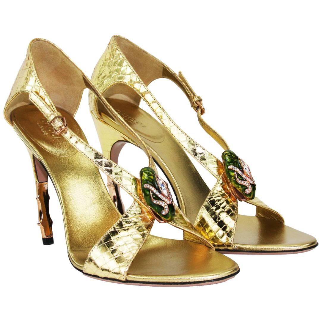 New Tom Ford for Gucci S/S 2004 Gold Python Jeweled Bamboo Heel Shoes 9