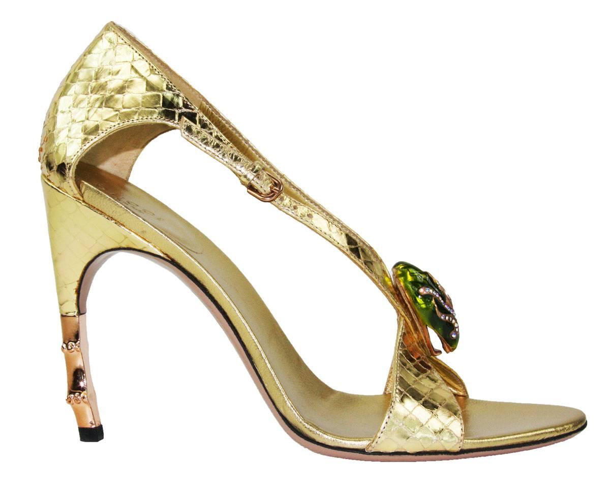 Women's New Tom Ford for Gucci S/S 2004 Gold Python Jeweled Bamboo Heel Shoes 9