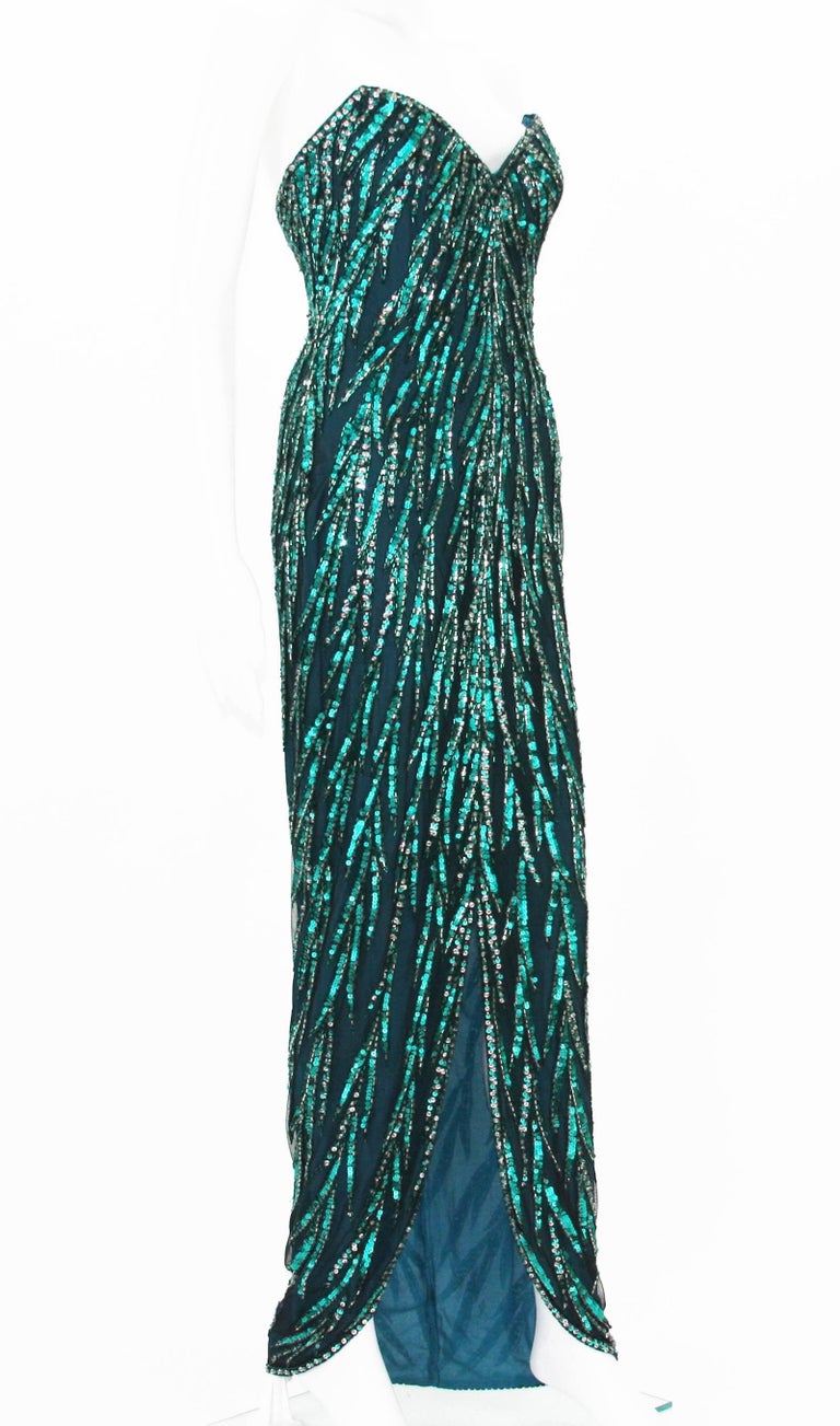 Vintage 80's Bob Mackie Green Silver Fully Beaded Evening Dress Gown ...
