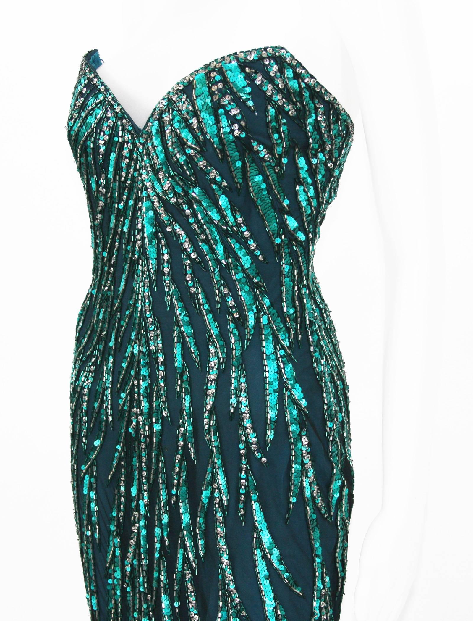 Blue Vintage 80's Bob Mackie Green Silver Fully Beaded Evening Dress Gown 