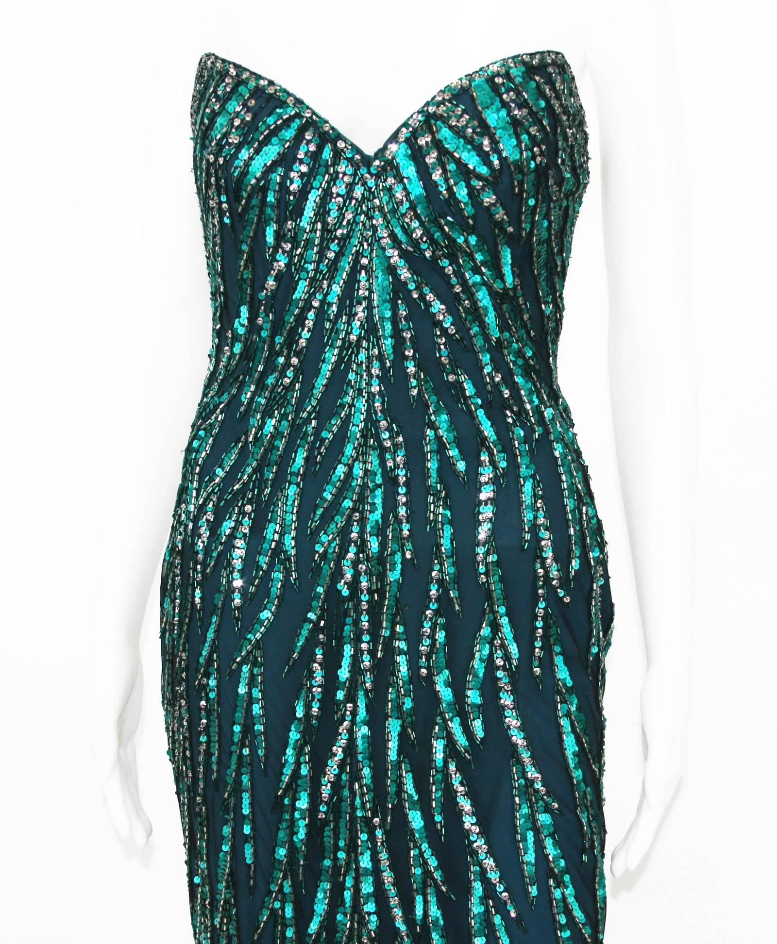 Vintage 80's Bob Mackie Green Silver Fully Beaded Evening Dress Gown In Excellent Condition In Montgomery, TX