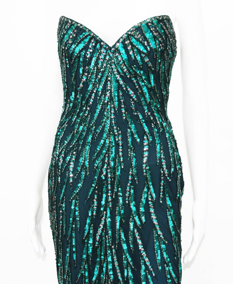 Vintage 80's Bob Mackie Green Silver Fully Beaded Evening Dress Gown