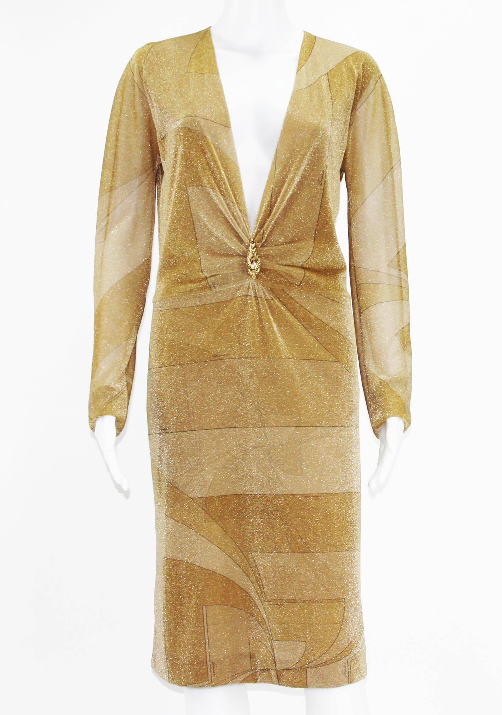 Vintage New Tom Ford for Gucci Deep Plunging Dress
Fall/Winter 2000 Collection
Designer sizes available 40, 42, 44 - US 4, 6, 8.
Gold/Tan Metallic Signature Gucci Cocktail Dress, Deep Plunging Neckline, Gold-tone Lion Brooch, Fully Lined in Metallic