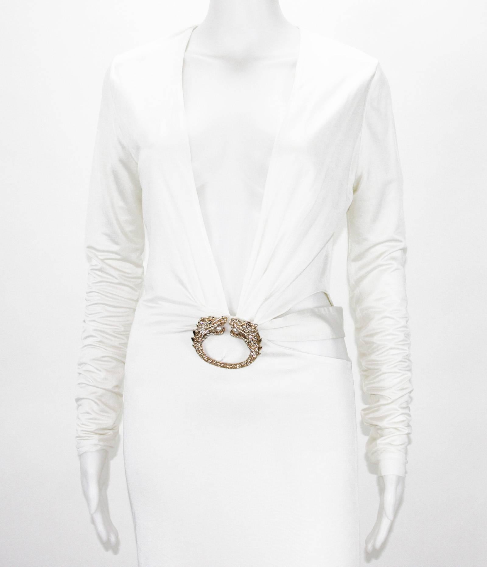 Gray Tom Ford for Gucci White Dress Gown Crystal Dragon Brooch, F /W 2004 