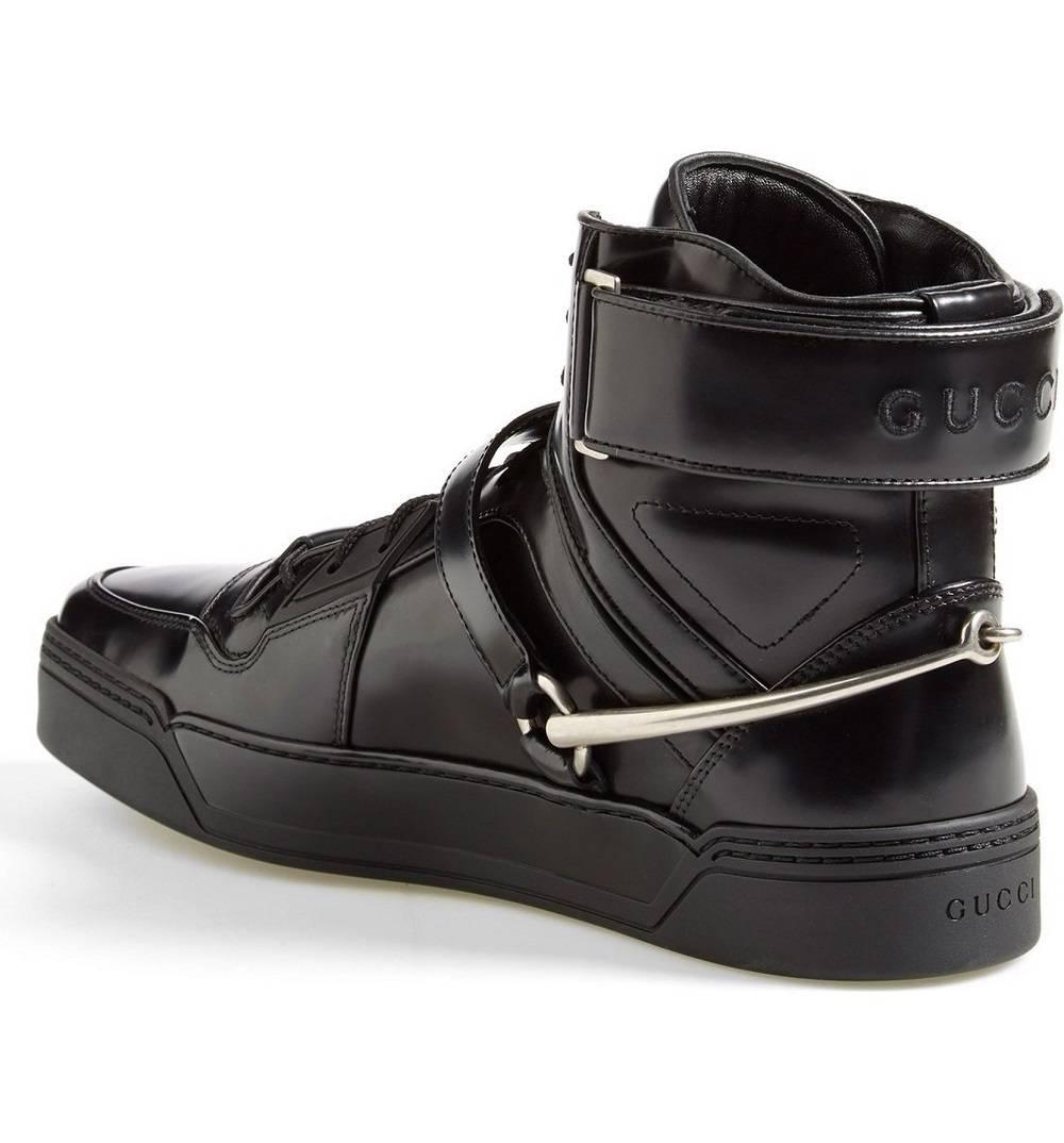 New GUCCI Men's *BASKET DARKO* Black High-Top Sneaker
Model N# 407373 DKS10
GUCCI sizes Available 8.5 G, 9, 9.5, 11.5 - US 9.5 G, 10, 10.5, 12.5 (please check Gucci size Guide)
100% Magnum-Calf Black Shiny Leather
Lace-Up Front with Strap and 