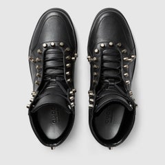 Neu Gucci Herren Leder Schwarze High-Top-Turnschuhe mit Nieten Größe G 7, 8 / US 8 9