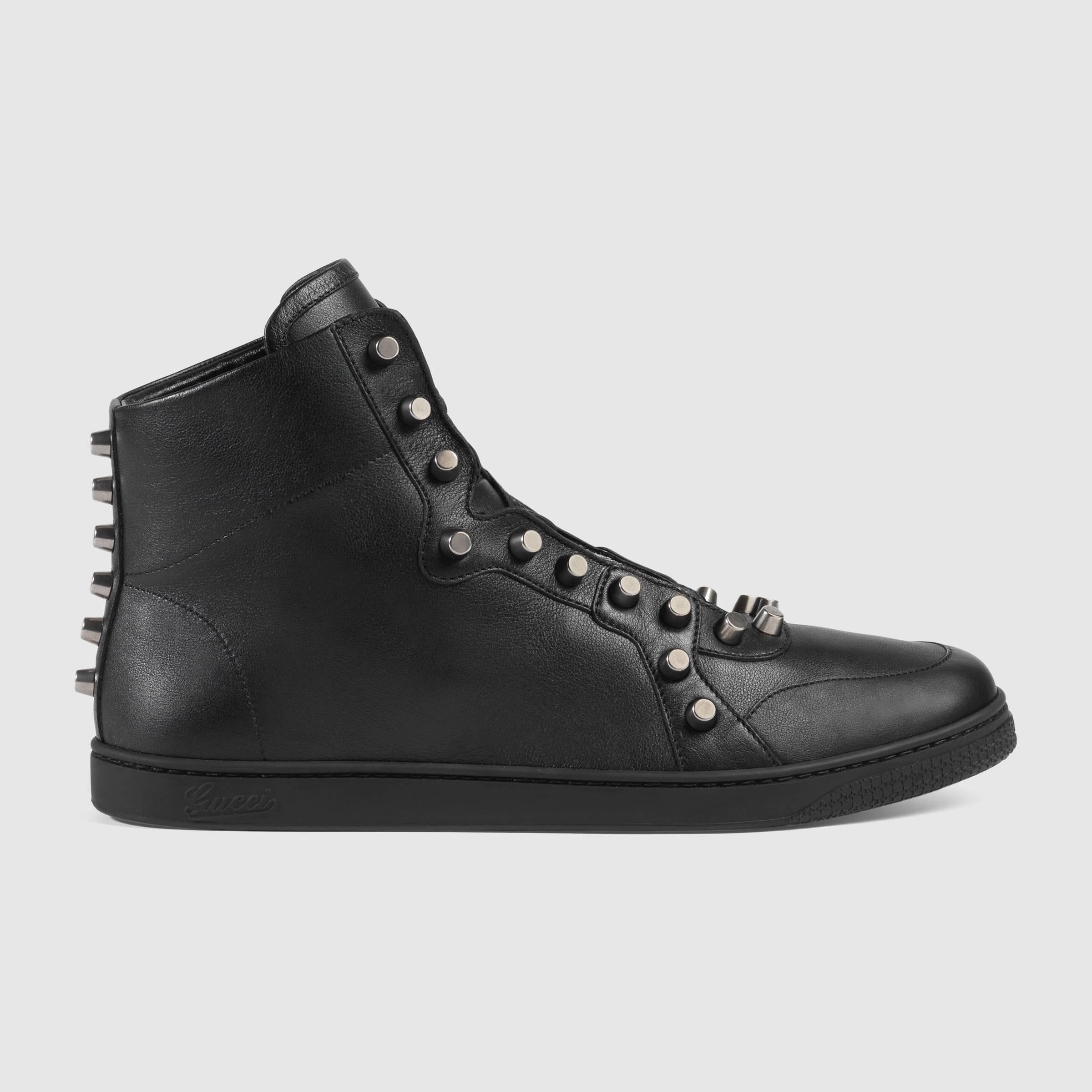 New Gucci Men's Leather Black High-Top Sneakers with Studs sizes G 7, 8 / US 8 9 For Sale 1