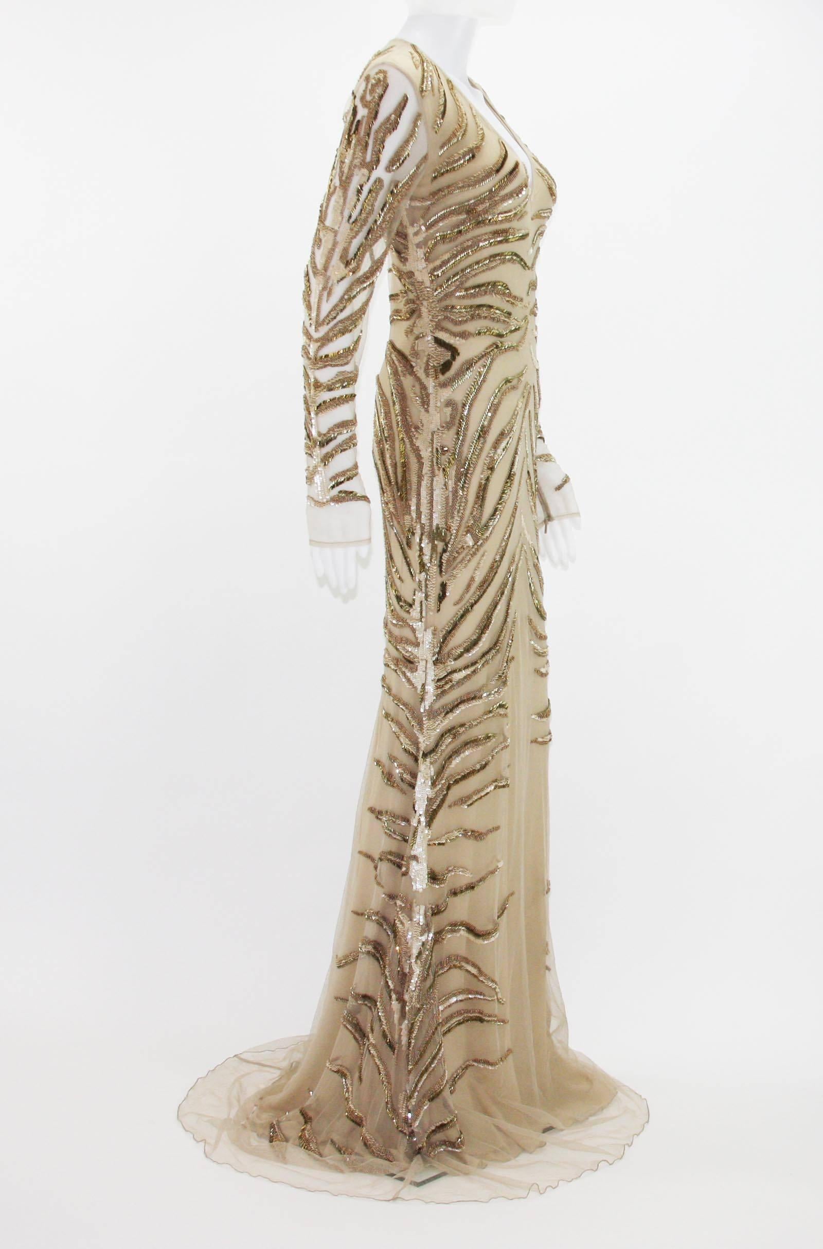 Beige New Roberto Cavalli Nude Beaded Embroidery Mesh Dress Gown size 40