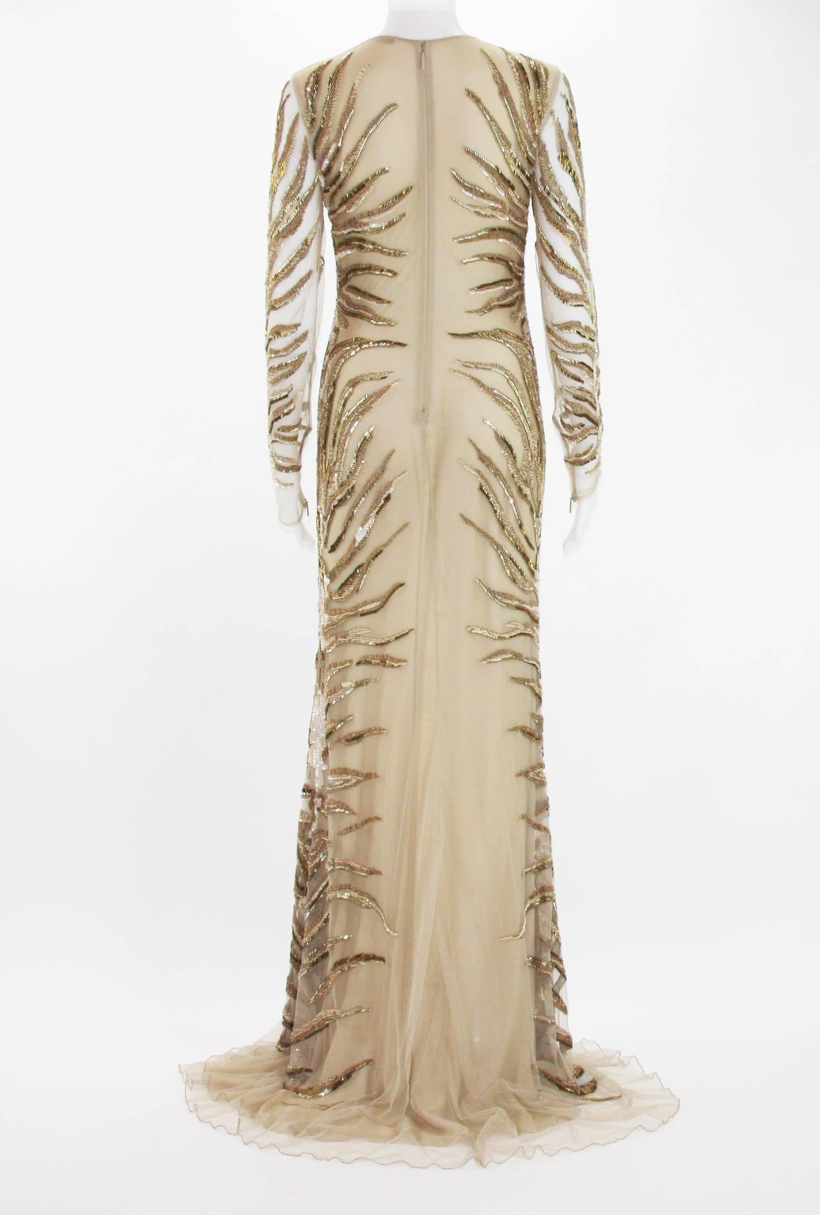 New Roberto Cavalli Nude Beaded Embroidery Mesh Dress Gown size 40 In New Condition In Montgomery, TX