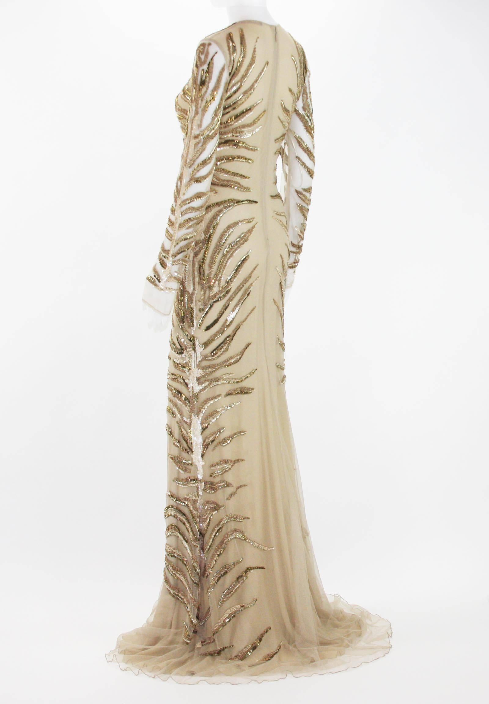 Women's New Roberto Cavalli Nude Beaded Embroidery Mesh Dress Gown size 40