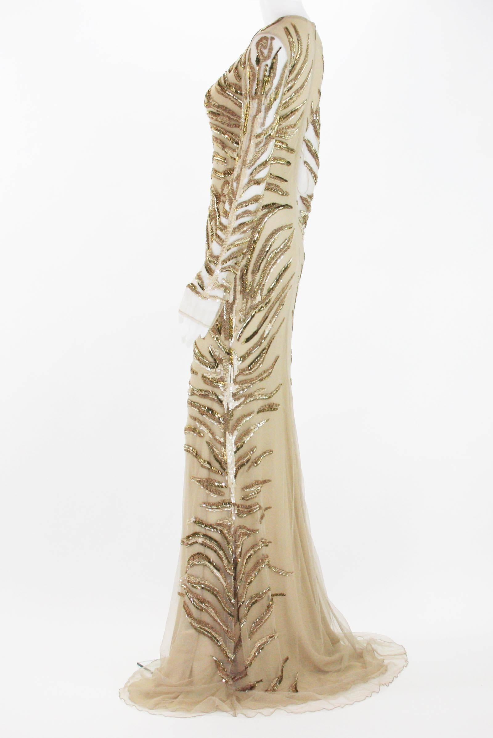 New Roberto Cavalli Nude Beaded Embroidery Mesh Dress Gown size 40 1