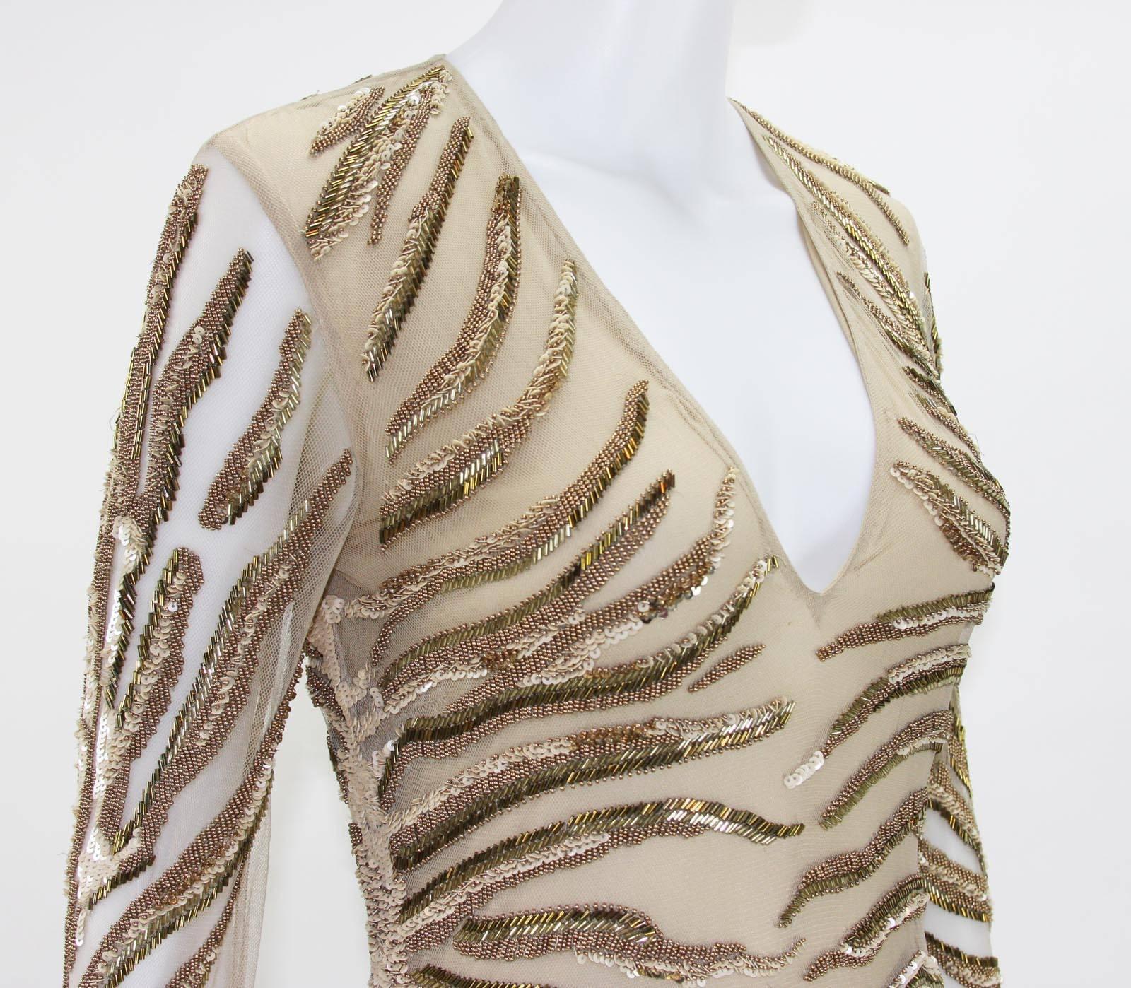 New Roberto Cavalli Nude Beaded Embroidery Mesh Dress Gown size 40 2