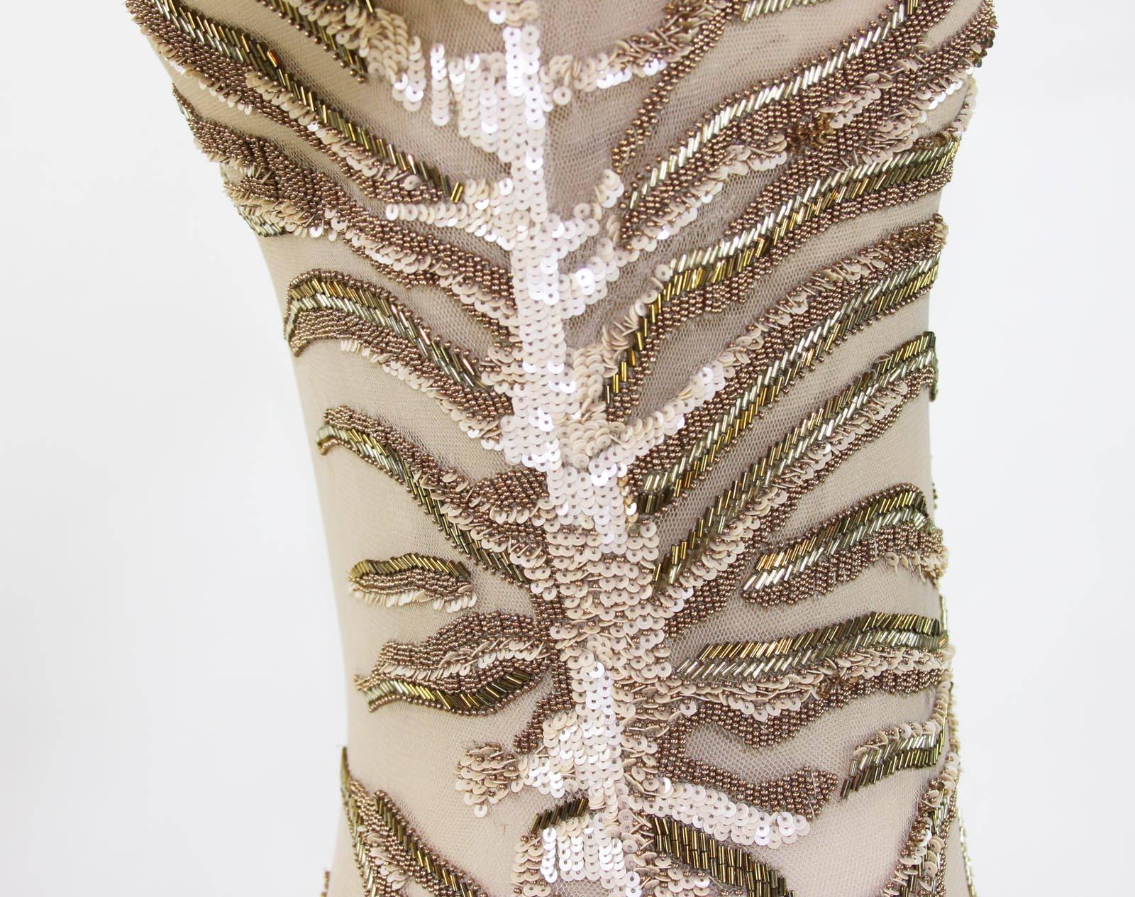 New Roberto Cavalli Nude Beaded Embroidery Mesh Dress Gown size 40 5