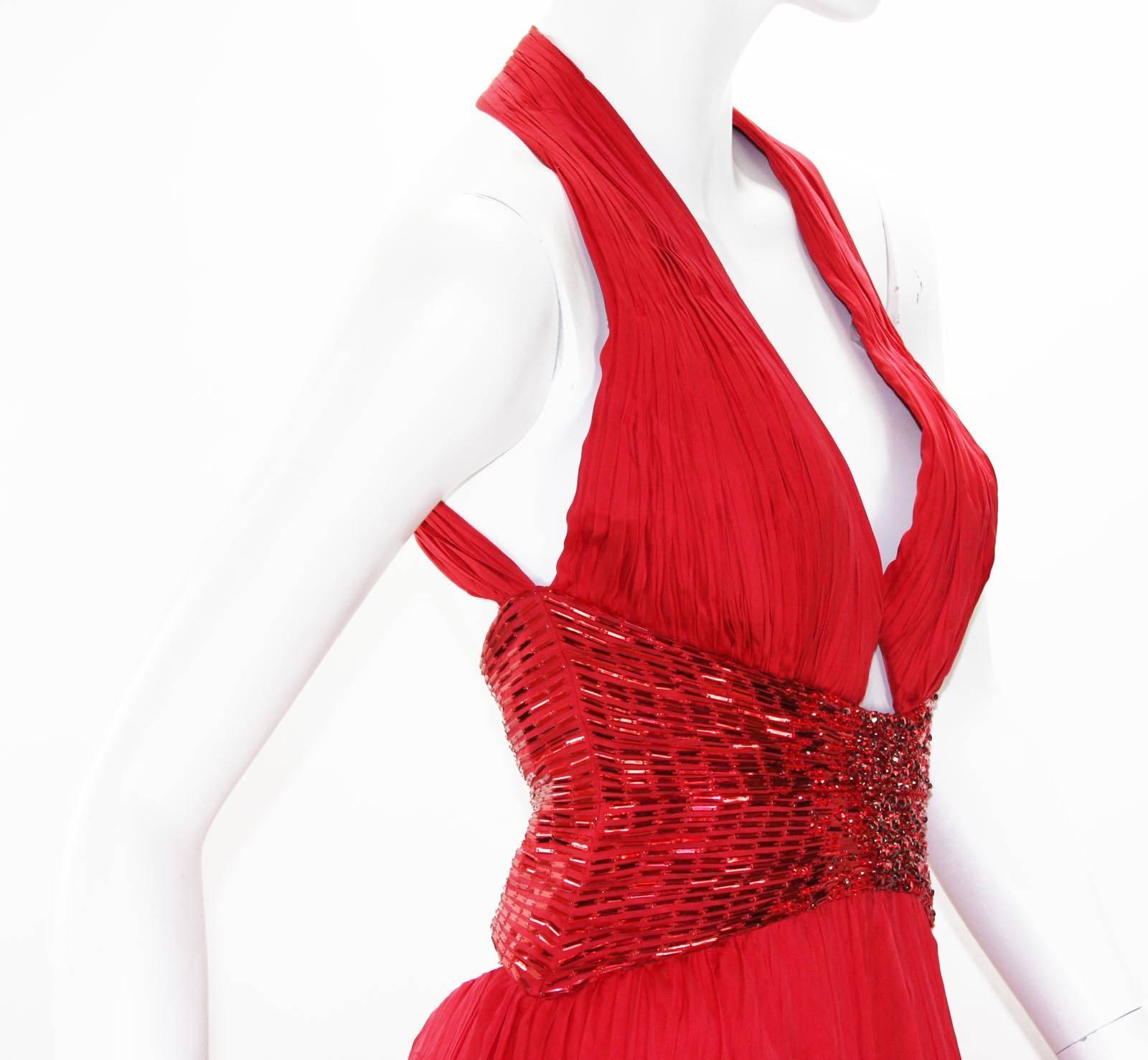 Women's New Roberto Cavalli Red Silk Plisse Marilyn Monroe Style Open Back Cut Out Gown 