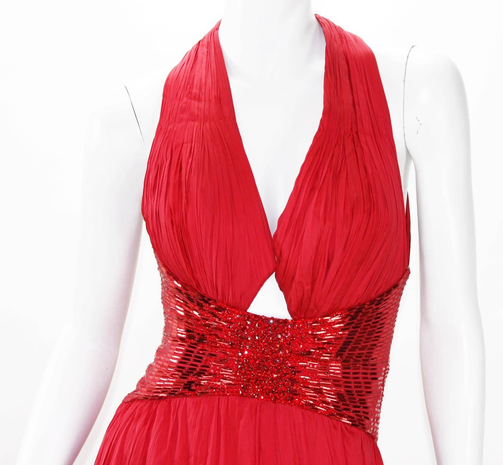 New Roberto Cavalli Red Silk Plisse Marilyn Monroe Style Open Back Cut Out Gown  1