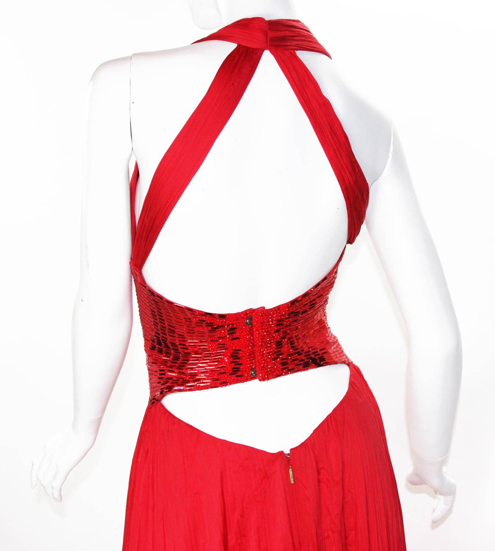 New Roberto Cavalli Red Silk Plisse Marilyn Monroe Style Open Back Cut Out Gown  2