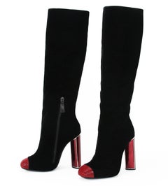 New Tom Ford Bead-Embellished Black Velvet Ruby Red Heel Boots It. 38 - US 8