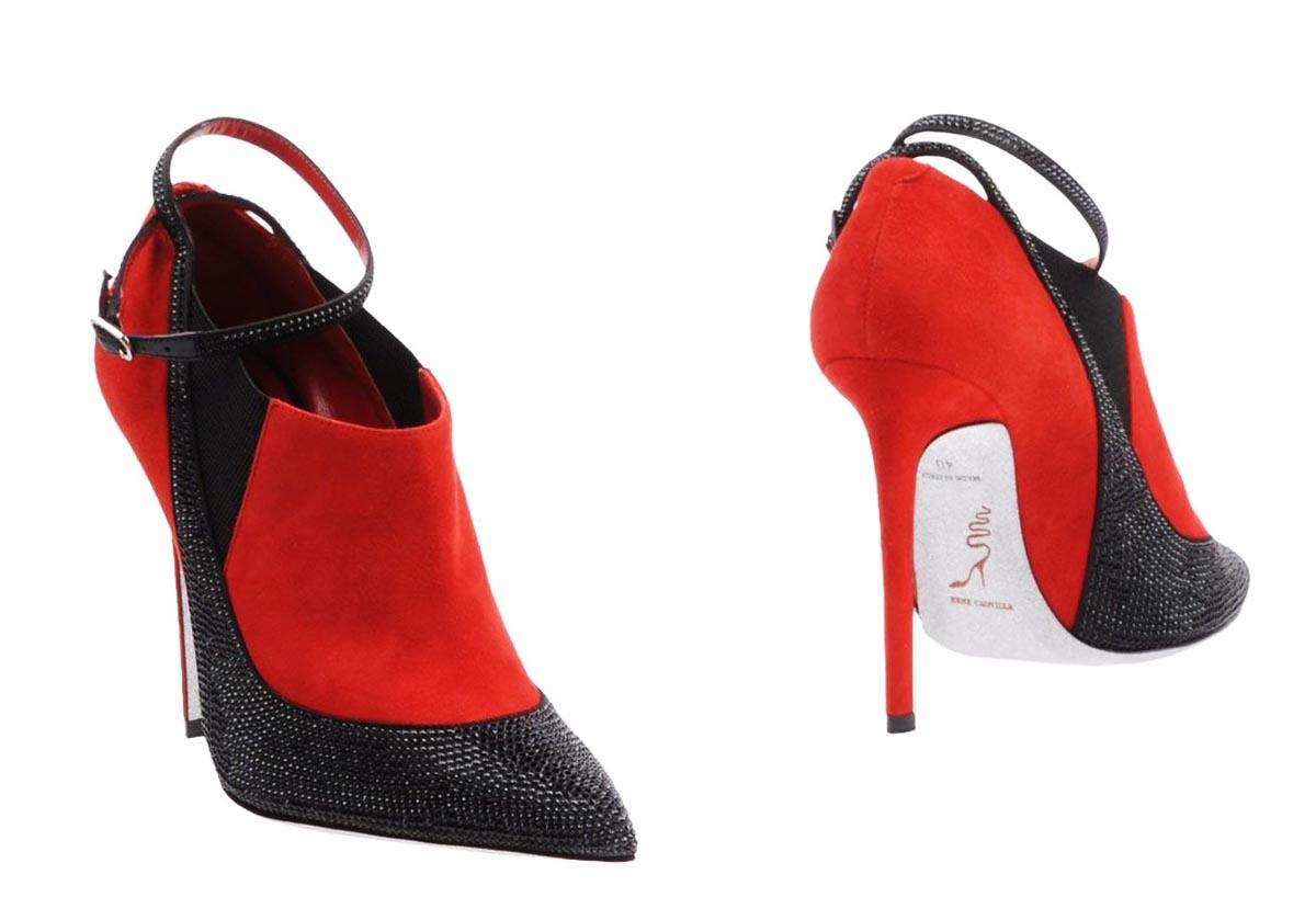 New Rene Caovilla Suede Beaded Red Black Ankle Booties
Designer size 39.5 - US 9.5
Suede Micro-beaded, Beaded Ankle Strap Closure, Elastic Gore, Slip On,  Glitter Sole, Red Leather Insole.
Heel Height - 4.5 inches
Made in Italy
New with box and dust