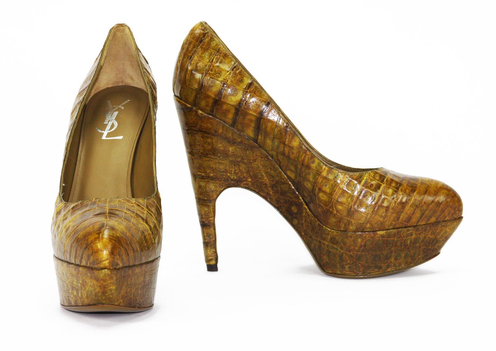 Brown New Yves Saint Laurent Alligator Platform Shoes Pumps 39 - 9