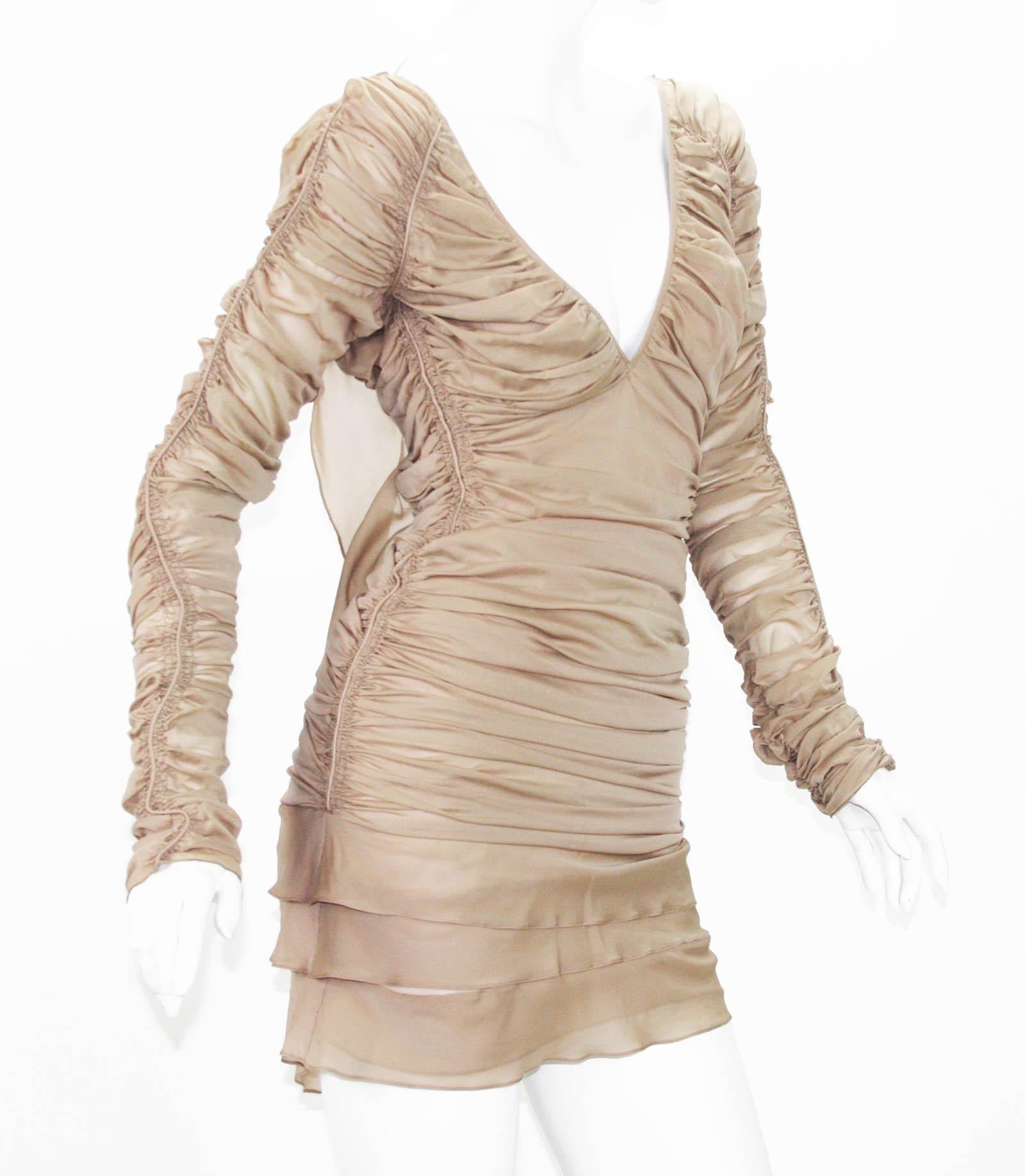 Beige New Tom Ford for Gucci S/S 2003 Sexy Mini Nude Silk Stretch Open Back Dress 38 For Sale