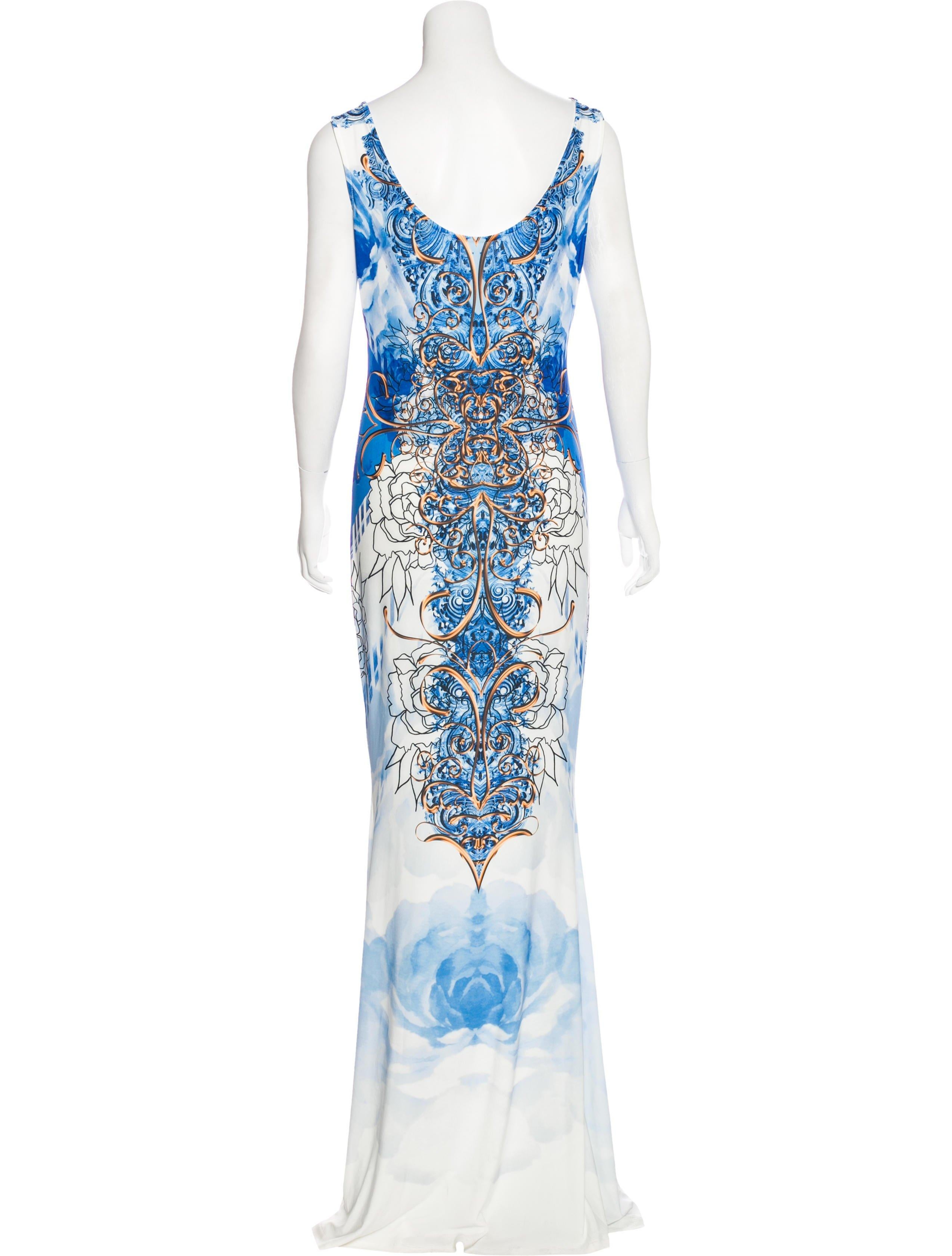 New Roberto Cavalli Jersey Stretch Long Dress
Designer size 40 - US 4 (will fit bigger sizes also).
Blue, White and Yellow Colors, Micro-Beaded Yellow Crystals at Front, Slip-on Style, Very Stretch and Sexy, Mermaid Cut Style.
Measurements: Length -