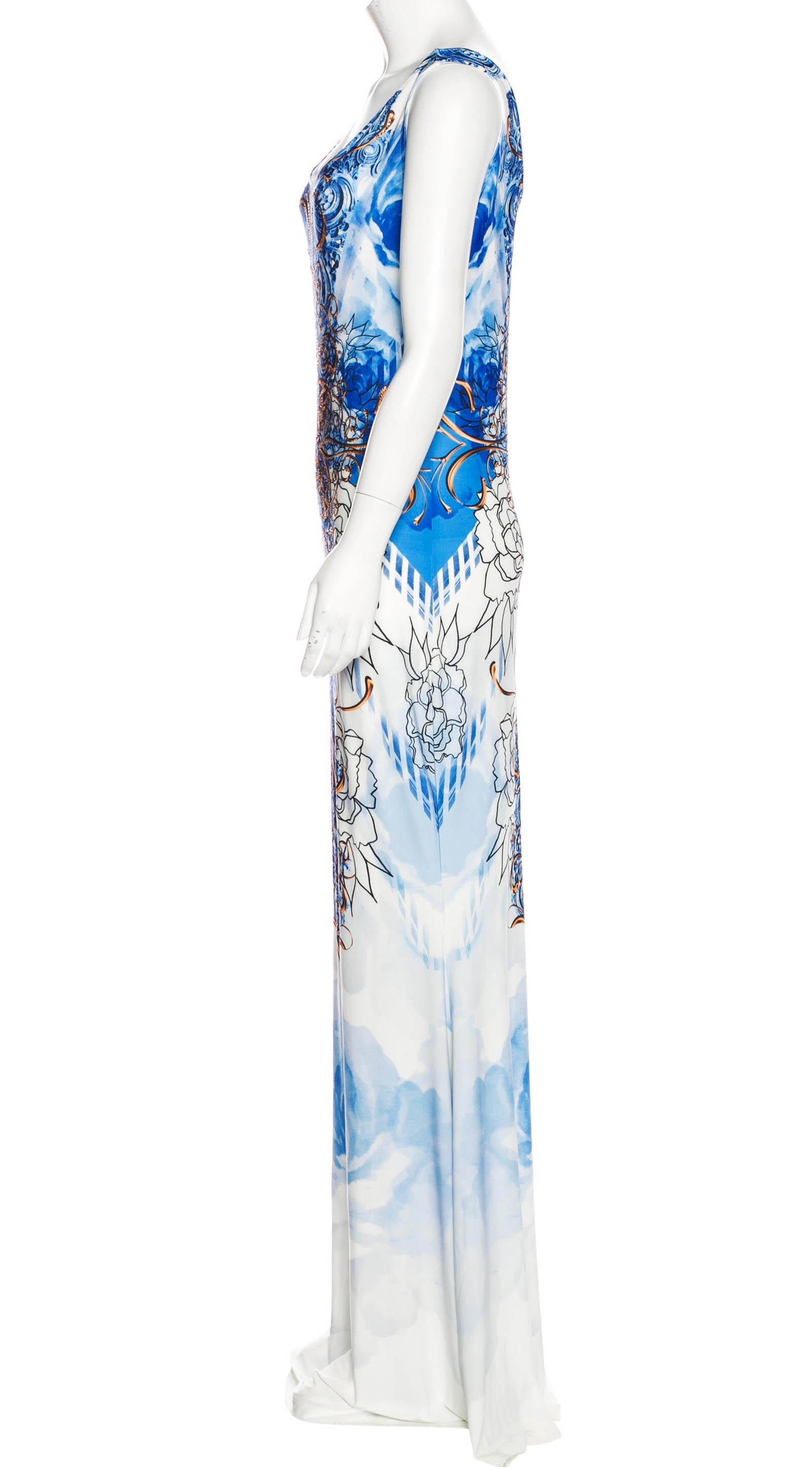 roberto cavalli blue and white dress