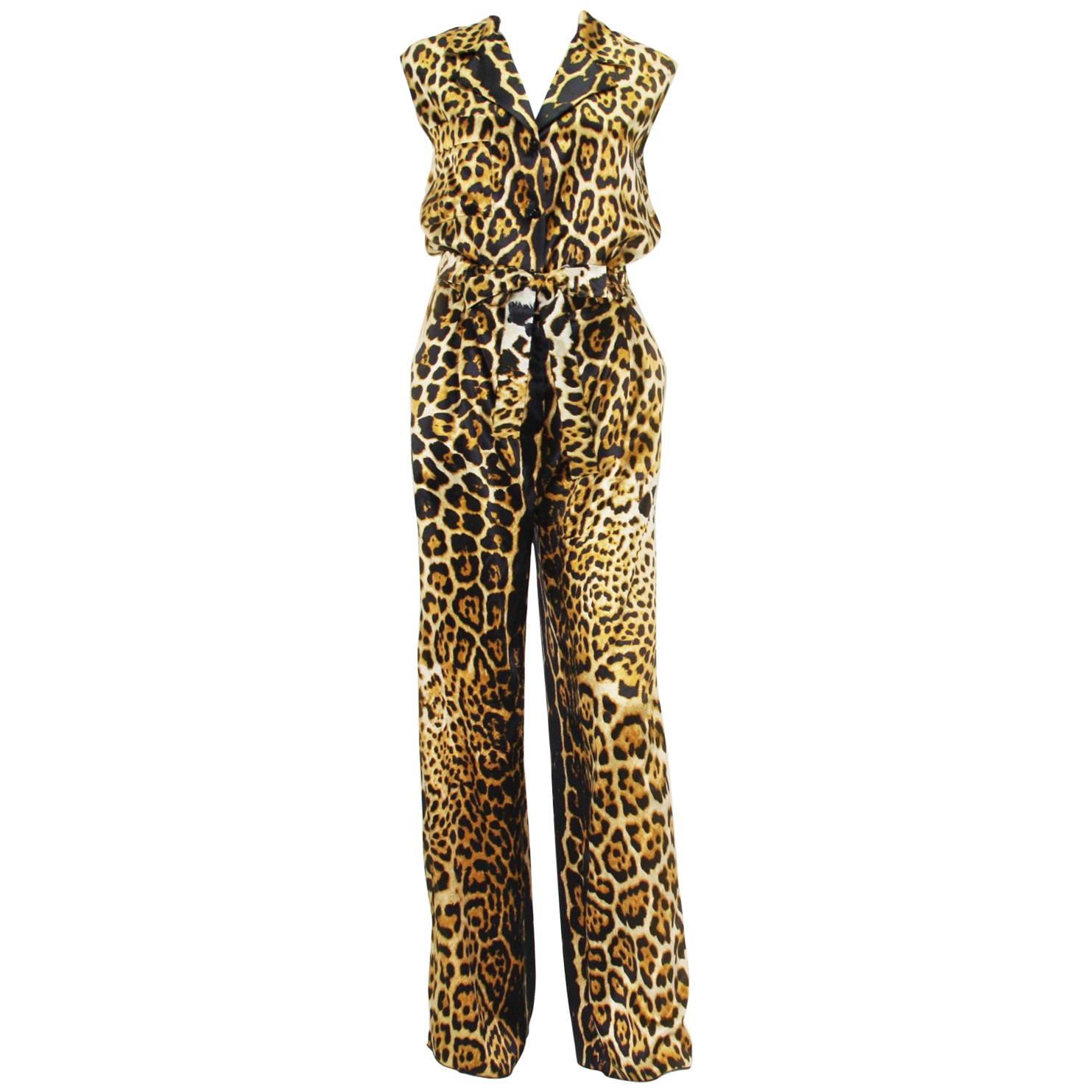 New Yves Saint Laurent Silk Leopard Print Jumpsuit Fr. 40 US 8/10