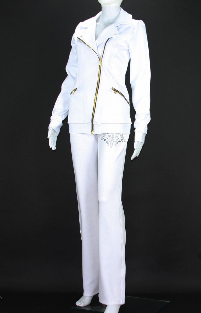 New Versace Women's White Gym Pant Suit with Crystal Embellishment