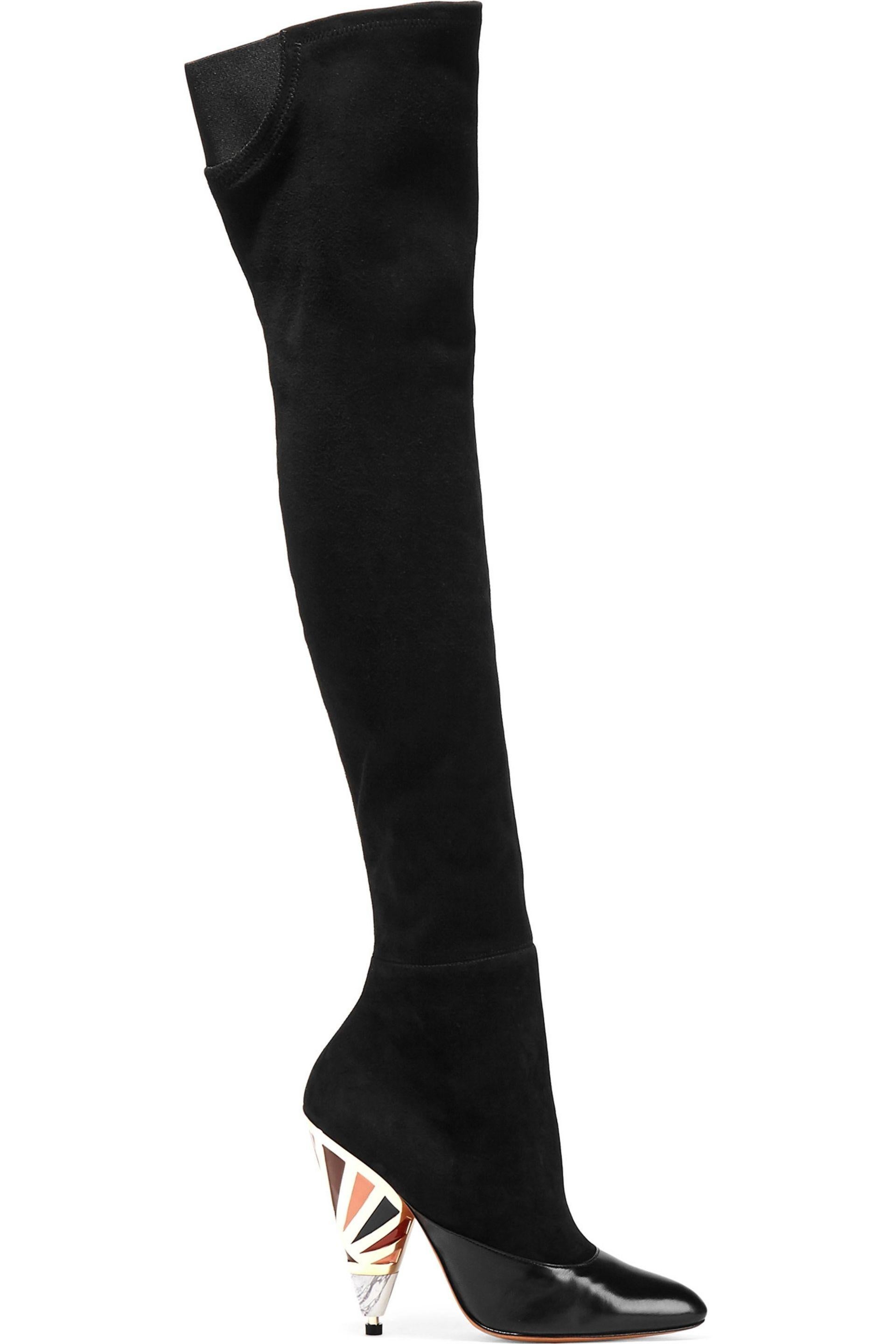 Givenchy Cuissard pointed-toe over-the-knee boots
Designer size 40 - Fits small to size, take one size larger than normal. Designer Style ID: BE09105178
Black suede and leather, Multicolored enamel and goldtone metal cone heel.
Pointed toe, Elastic