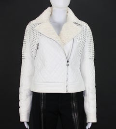 NWT Versace White Leather Fur Collar Beaded Down Jacket w/ Swarovski Crystals 42
