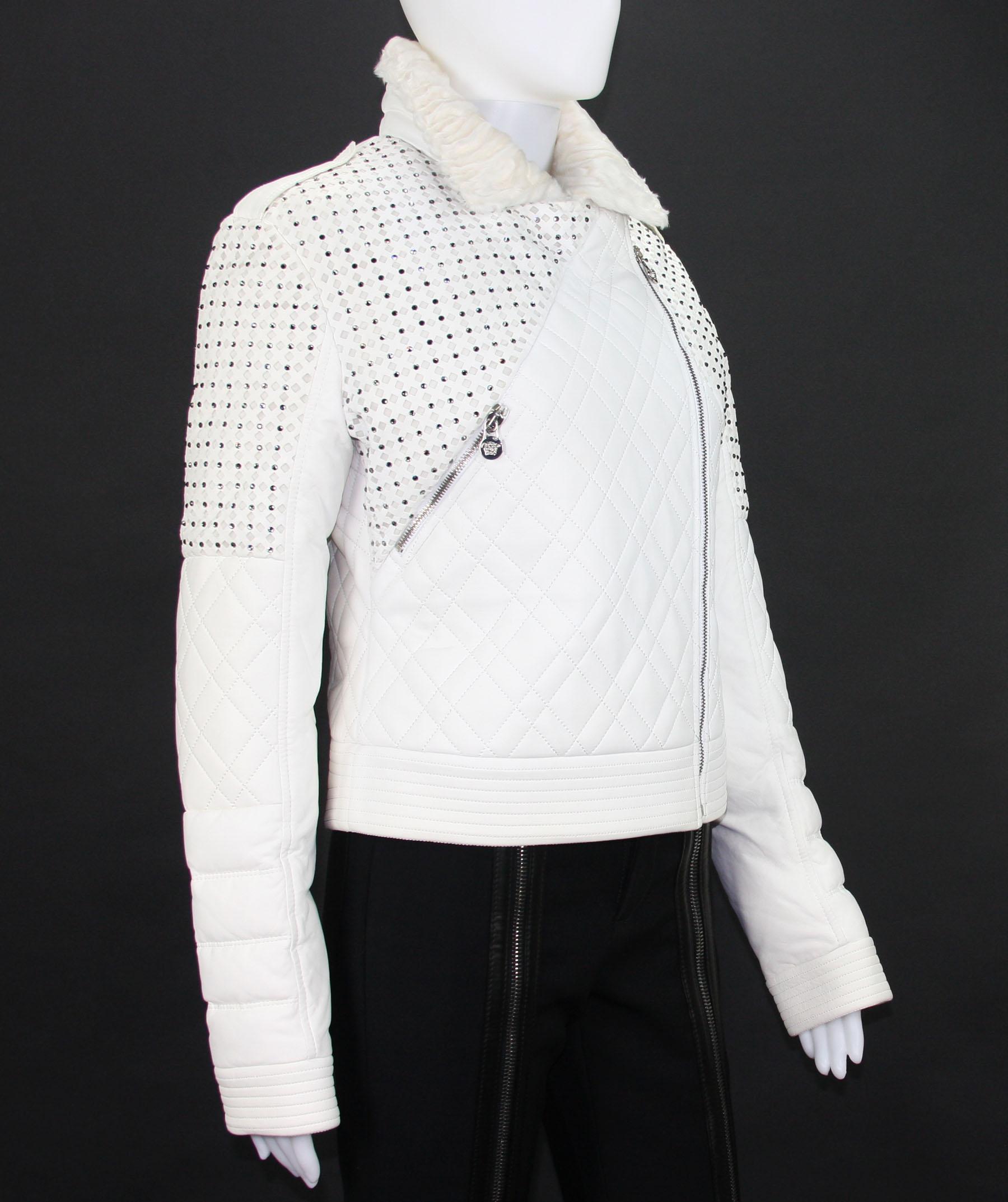 Gray New Versace White Leather Fur Collar Beaded Down Jacket w/ Swarovski Crystals 42 For Sale