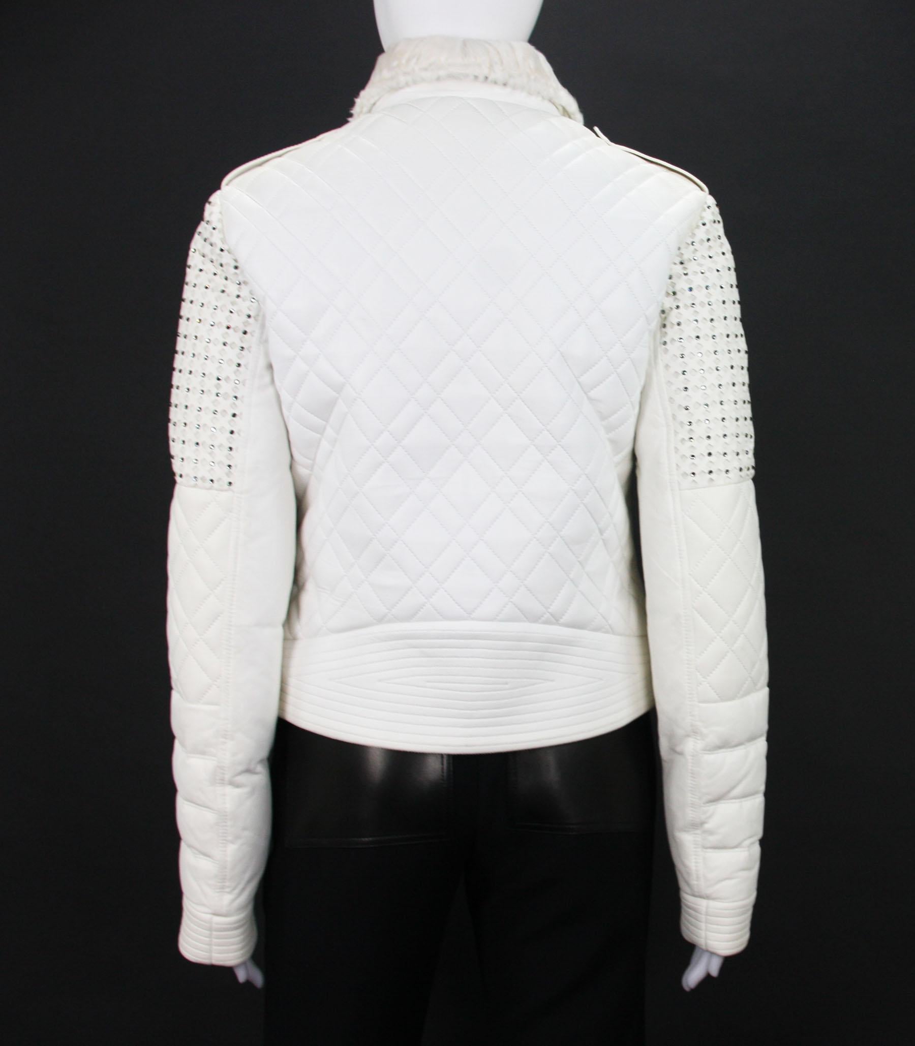 New Versace White Leather Fur Collar Beaded Down Jacket w/ Swarovski Crystals 42 In New Condition For Sale In Montgomery, TX